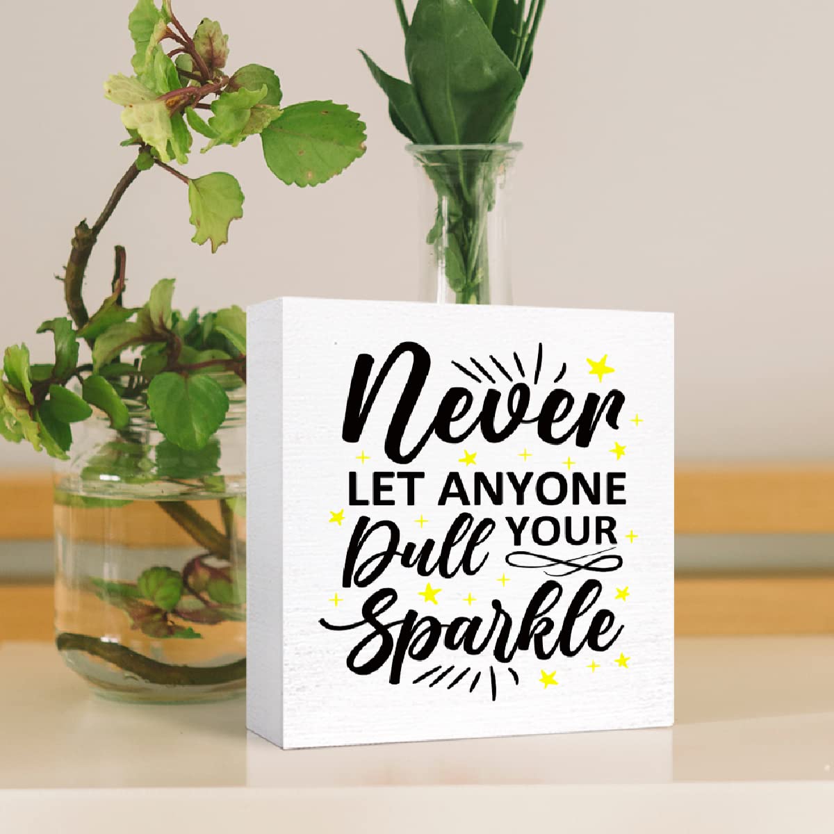 Never Let Anyone Dull Your Sparkle - Inspirational Wooden Block Sign for Home Office Desk Decor, Motivational Quote Gift for Women & Friends | Perfect for Bedroom, Workspace & Cheer Up Gifts