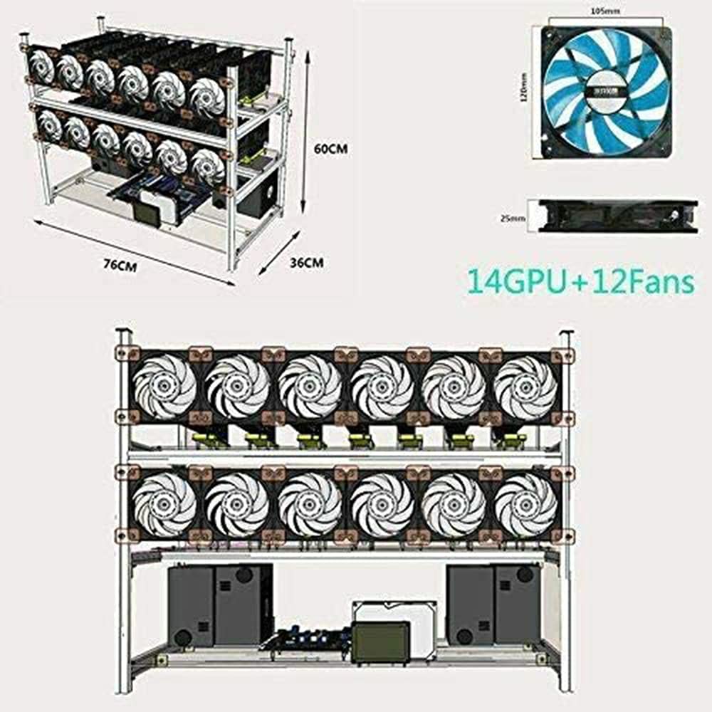High-Performance HLL 14 GPU Open Air Mining Rig Frame - Aluminum Case with 12 Cooling Fans for ETH, ZEC, LTC Cryptocurrency Mining - Durable Black Design - Perfect for Home & Commercial Crypto Mining Operations