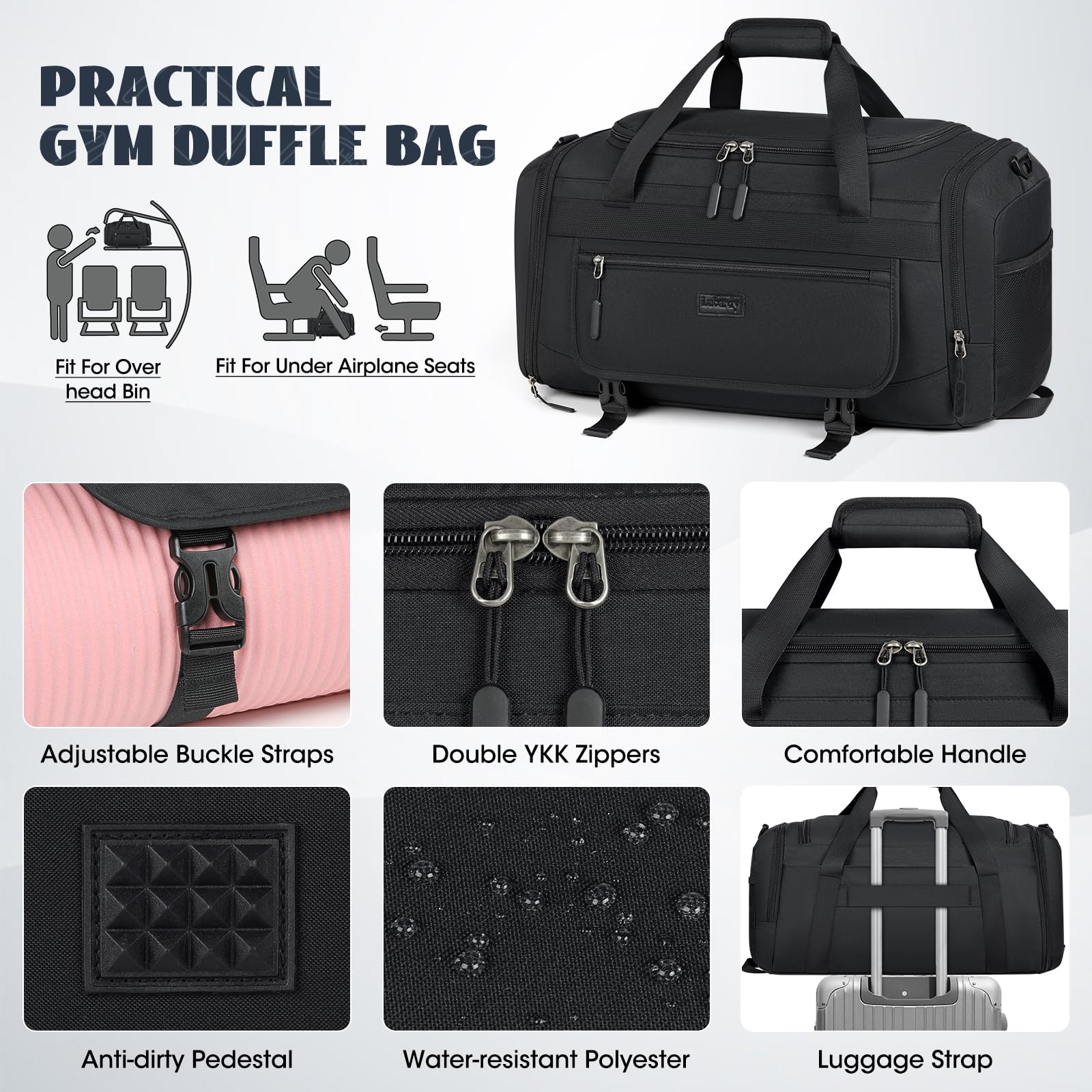IGOLUMON 55L Gym Bag for Men & Women - Water Resistant Sports Duffel Bag with Shoe Compartment & Wet Pocket - Lightweight Travel Duffle for Gym, Workout, Weekend Trips & Overnight Stay - Black