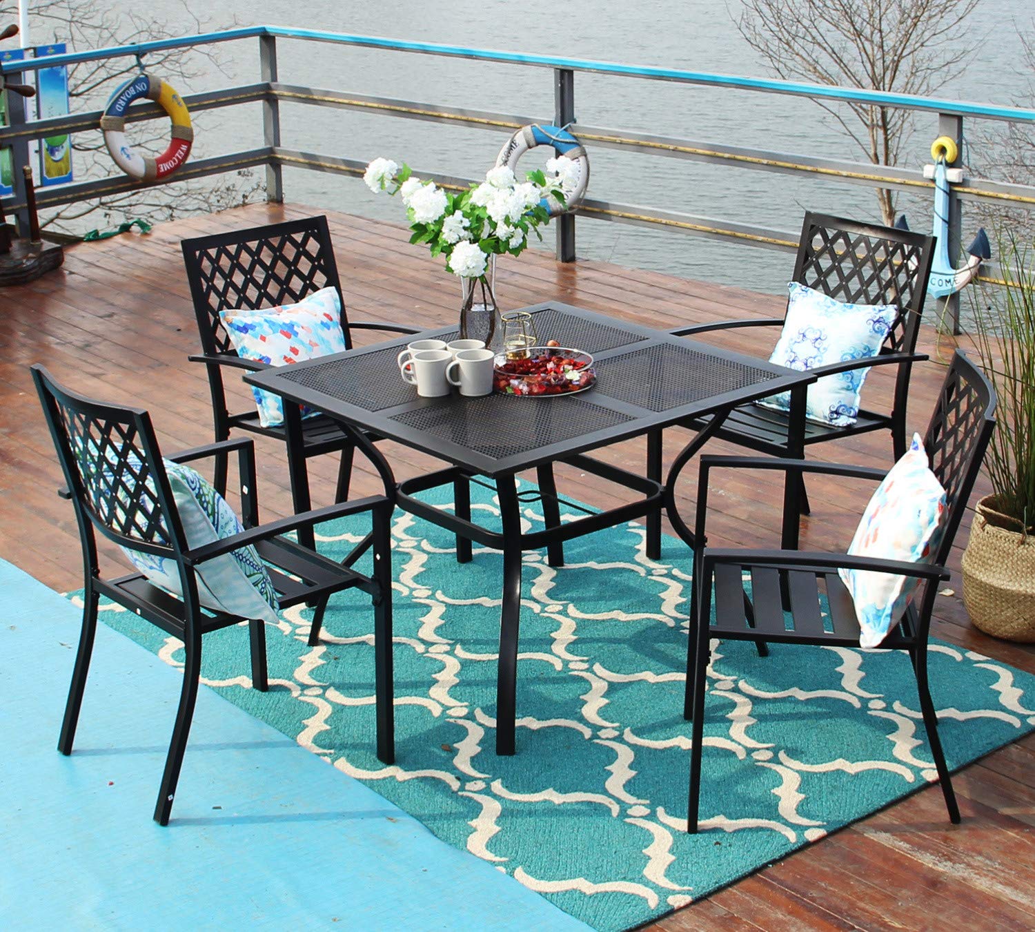 MFSTUDIO 37x37 Inch Square Outdoor Patio Dining Table with Umbrella Hole - Powder-Coated Steel Frame, Weather-Resistant Garden Bistro Table for Deck, Backyard & Poolside (Black) | Perfect for Outdoor Entertaining & Relaxation