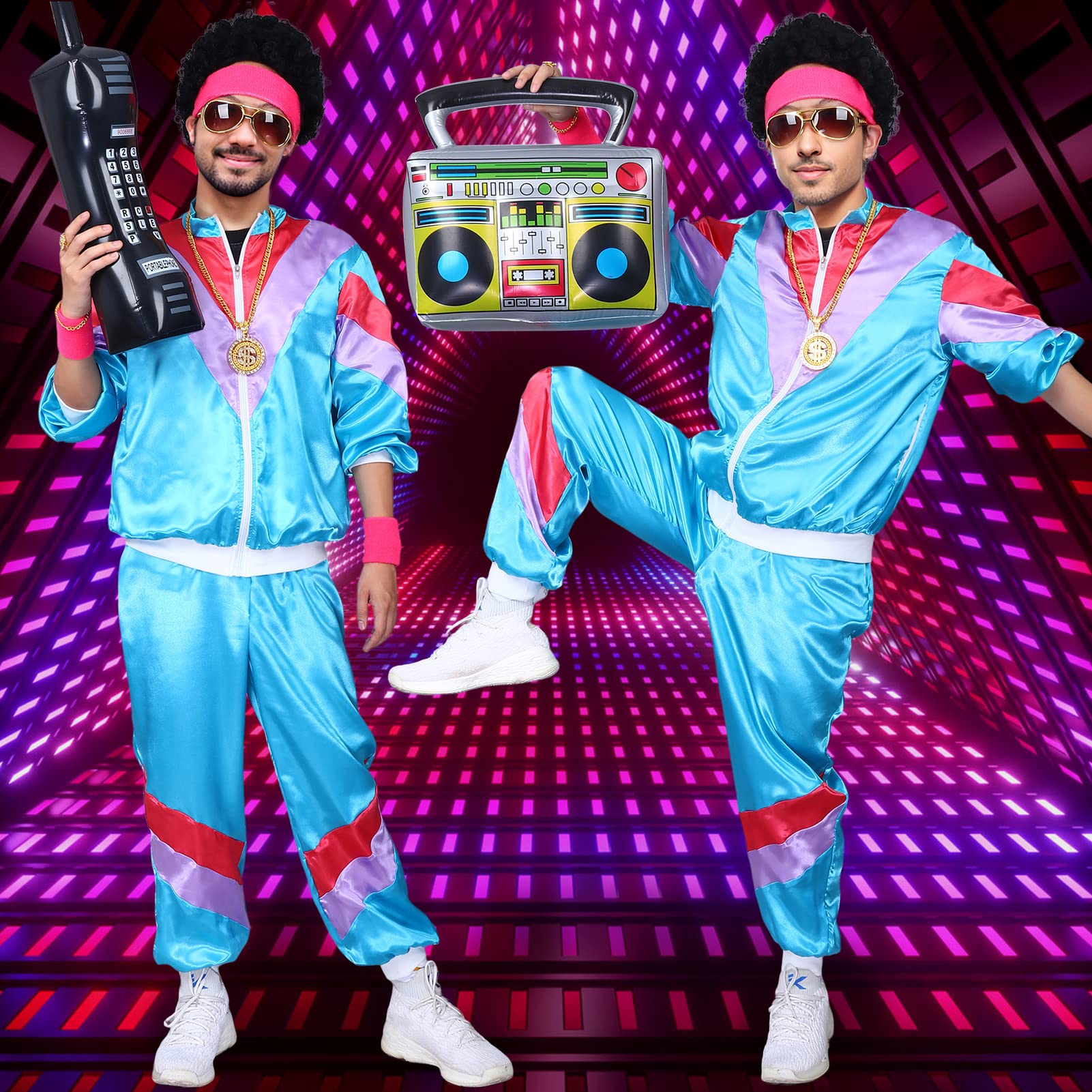 80s Tracksuit Costume with Phone, Radio, Glasses, Headband, Necklace, Ring & Bracelet - Retro Rockstar Outfit for Halloween, Carnival, Neon Theme Party & 80s Dress Up