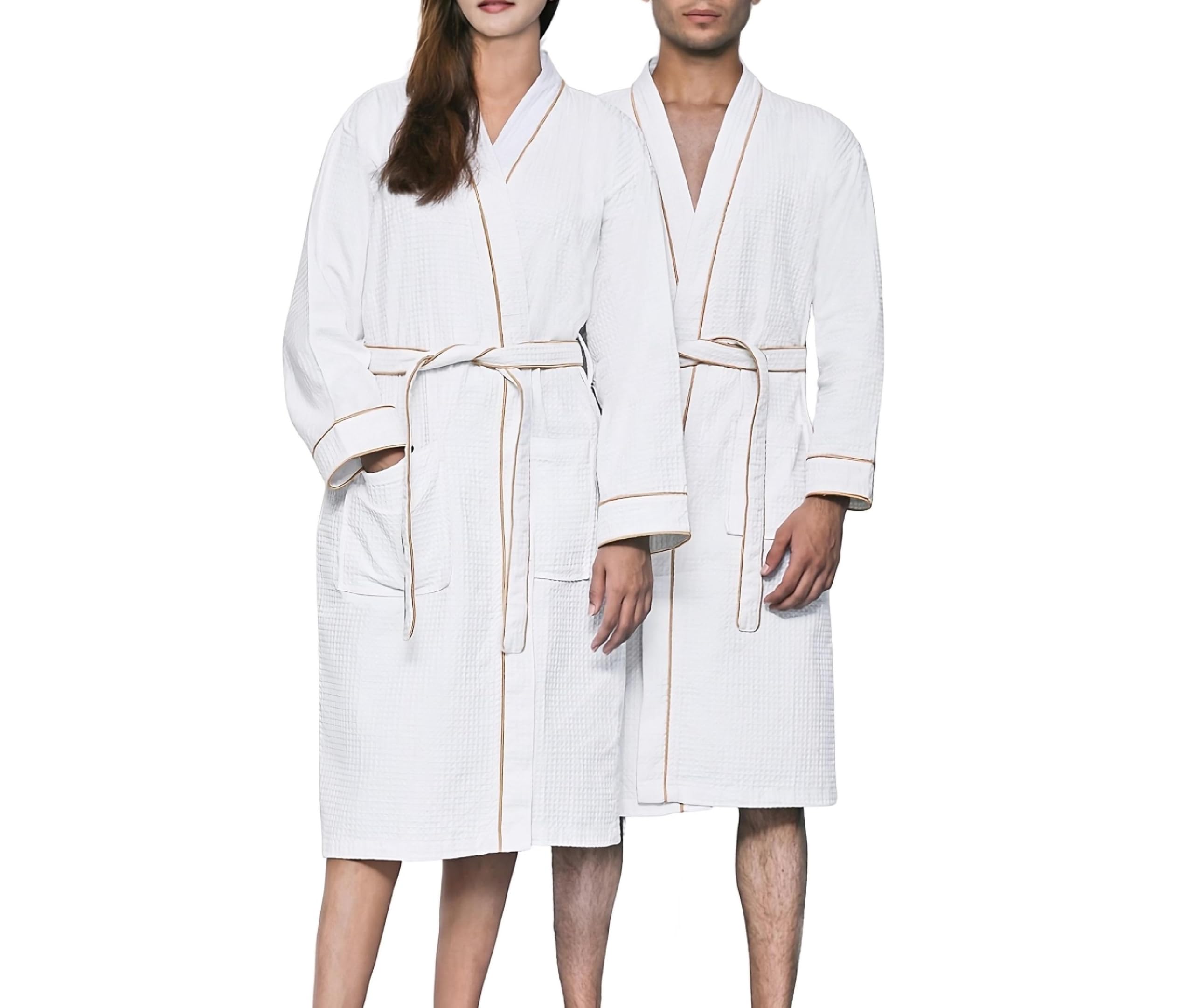 Looperry Unisex White Waffle Bathrobe with Dyed Satin Piping - Luxurious Lightweight Shower Robe in Organic Cotton Poly Blend for Spa, Hotel & Home Relaxation