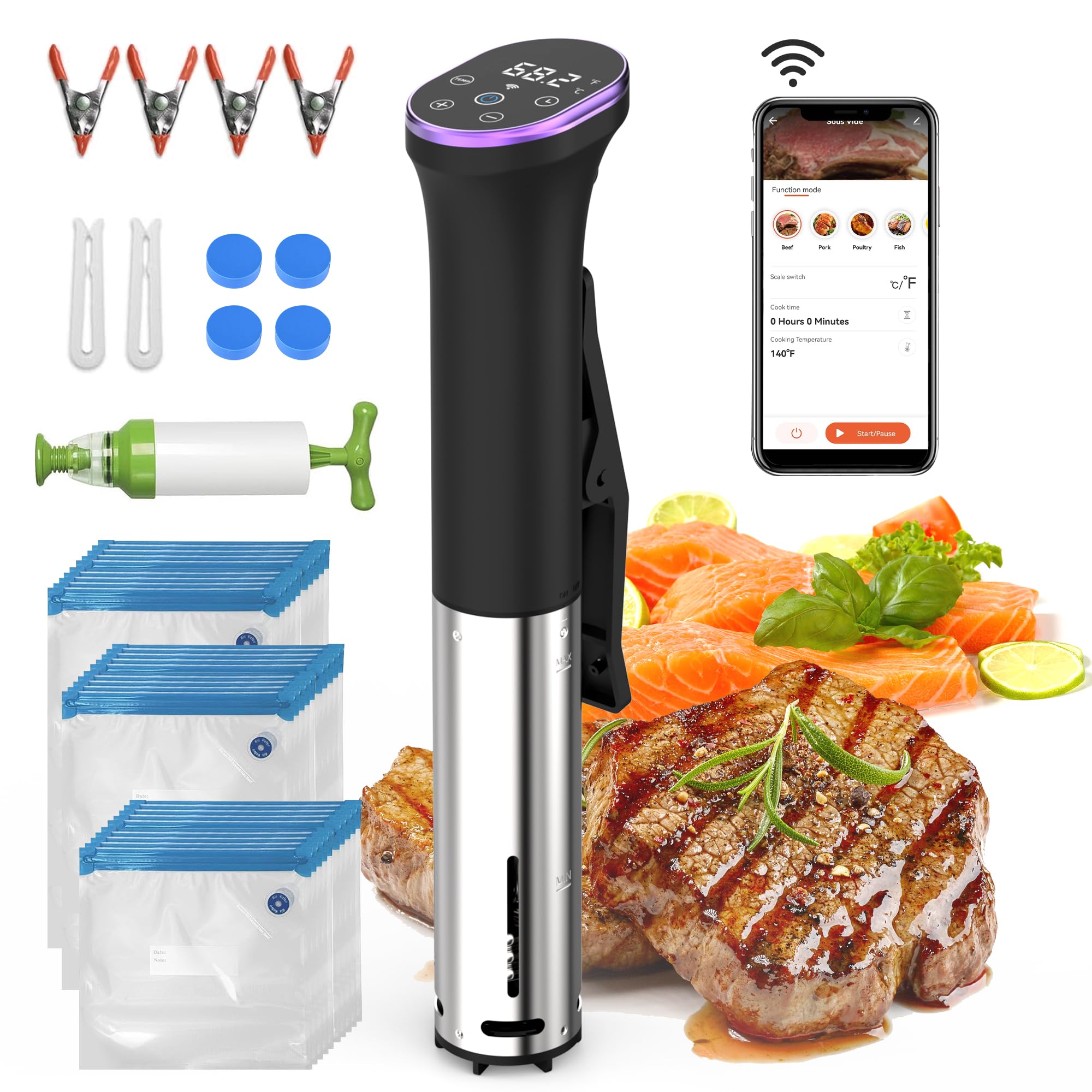 Hobsir 1100W Sous Vide Cooker Kit with WiFi App Control - Stainless Steel Immersion Circulator, 30 Seal Bags, Vacuum Pump, Magnets & LED Display - Silent Slow Cooking Machine for Perfect Steaks, Chicken & Vegetables | Ideal for Home Chefs & Meal Prep