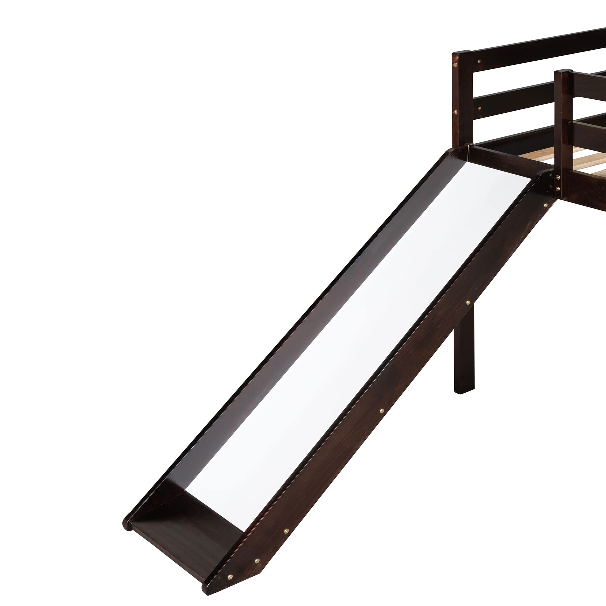 Merax LUMISOL Junior Low Loft Twin Bed Frame - Wooden Kids Bedroom Furniture for Boys & Girls with Safety Guard Rail & Ladder (Includes Slide, Espresso Finish) - Perfect for Small Spaces & Playful Bedrooms