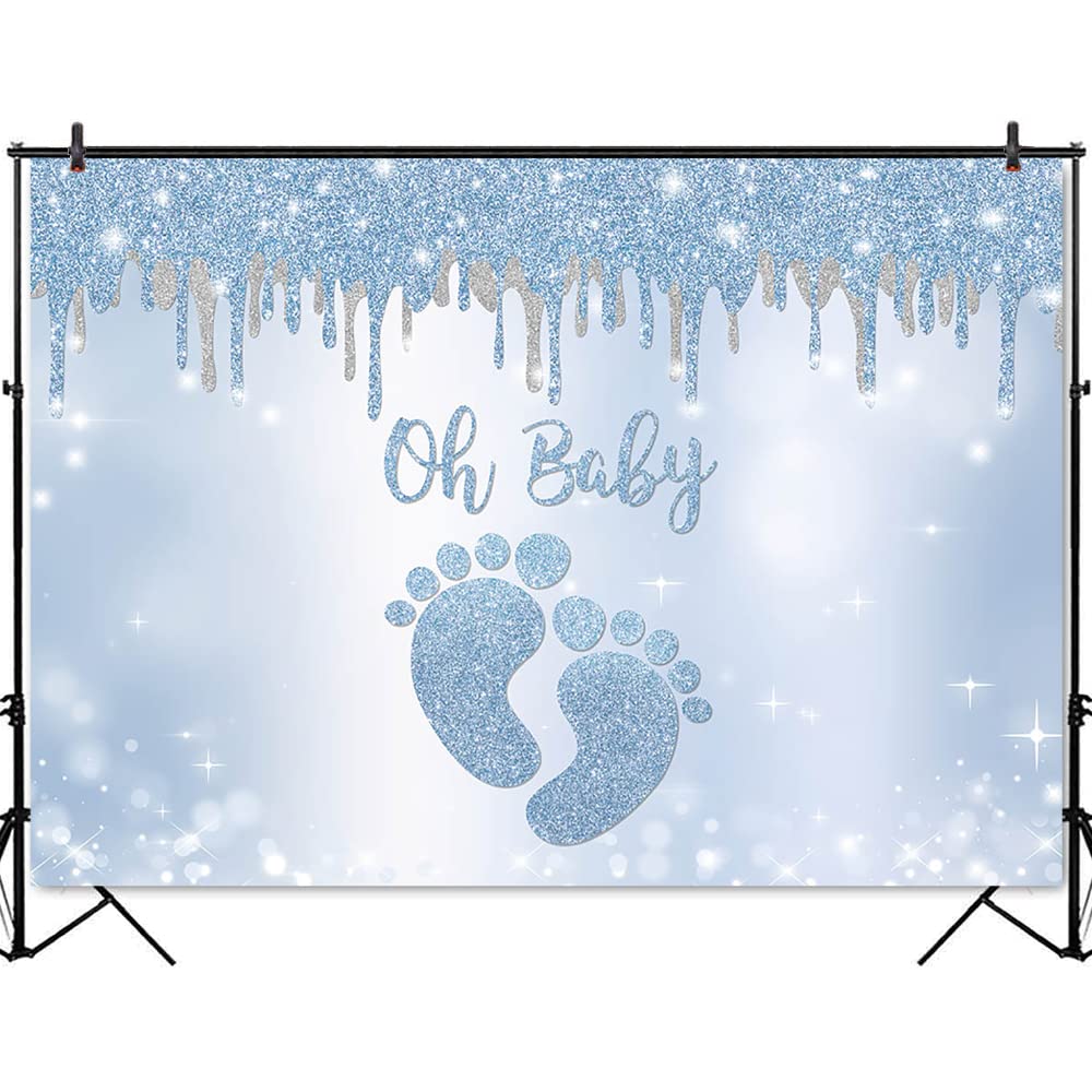 Blue Silver Oh Baby Backdrop with Little Feet - 8x6ft Baby Shower Background for Boys, Footprint Party Decor, Photo Booth Banner - Perfect for Baby Showers, Gender Reveals & Newborn Photography