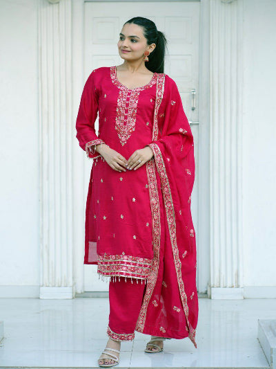 Exquisite Red Blooming Vichitra Sequence Salwar Suit Set for Women | Traditional Indian Ethnic Wear | Perfect for Weddings, Festivals & Special Occasions