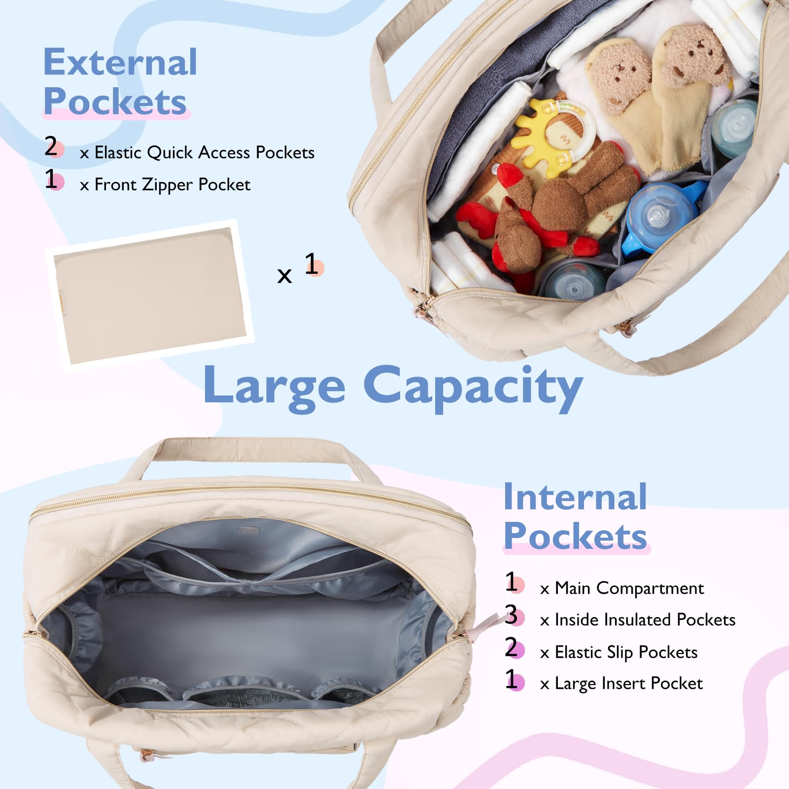 Mommore Large Expandable Diaper Bag Tote for Twins & 2 Kids - Quilted Baby Travel Tote, Hospital Bag for Mom, Weekender Organizer - Perfect for Travel, Daycare & Family Outings