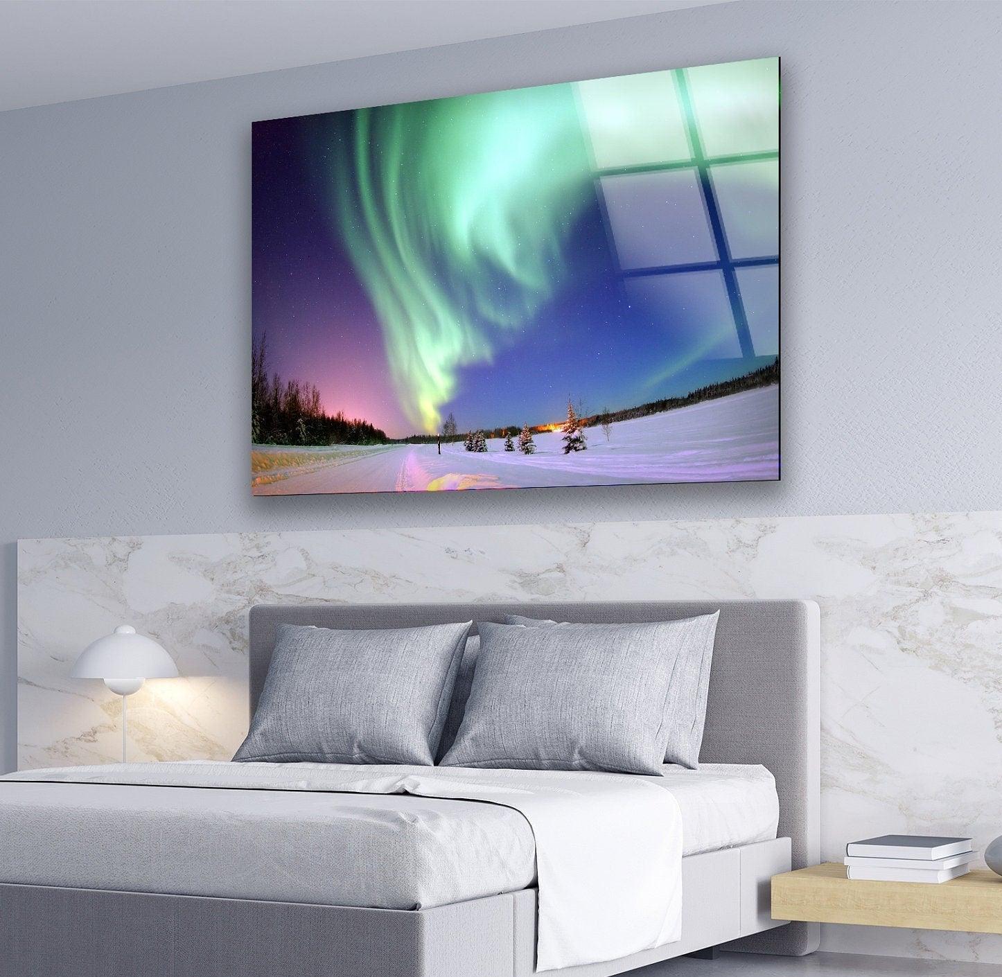 Aurora Borealis Turquoise Glass Wall Art - Handmade Northern Lights Decor for Living Room, Bedroom & Office - Stunning Blue Green Glass Mosaic for Home & Gifts