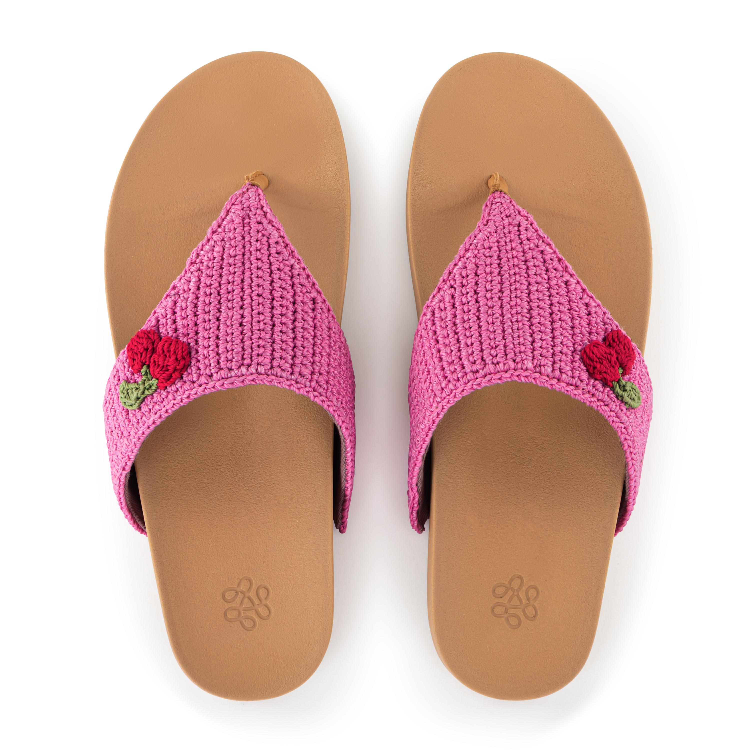 Everly Hand Crochet Sandals - Pink Cherry Design Women's Summer Beach Shoes for Casual Outings & Vacation Wear