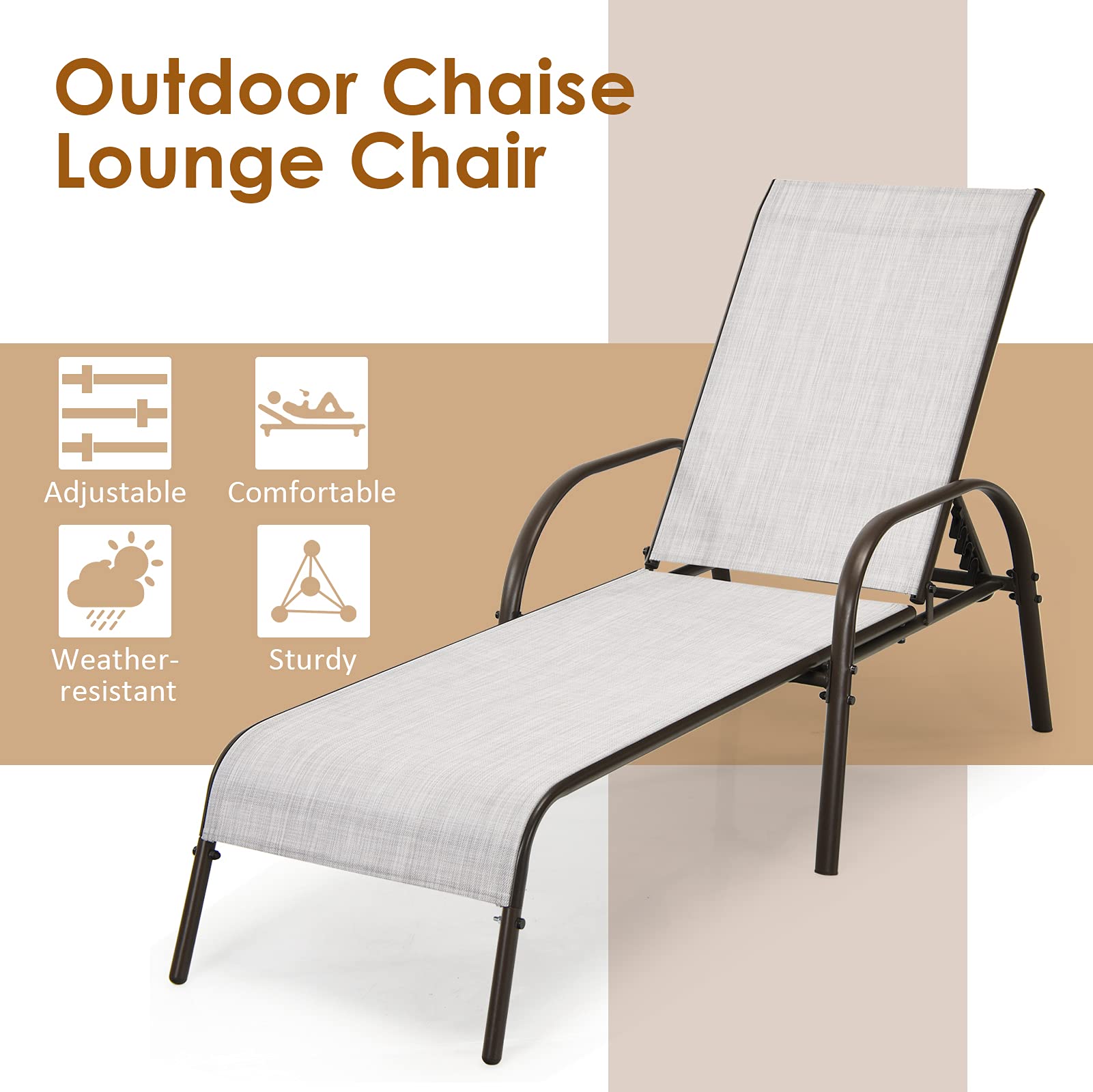 Tangkula Adjustable Reclining Outdoor Lounge Chair - Heavy Duty Steel Frame Patio Chaise for Poolside, Beach, Yard & Balcony | Perfect for Sunbathing, Relaxing & Lounging by the Pool or Garden