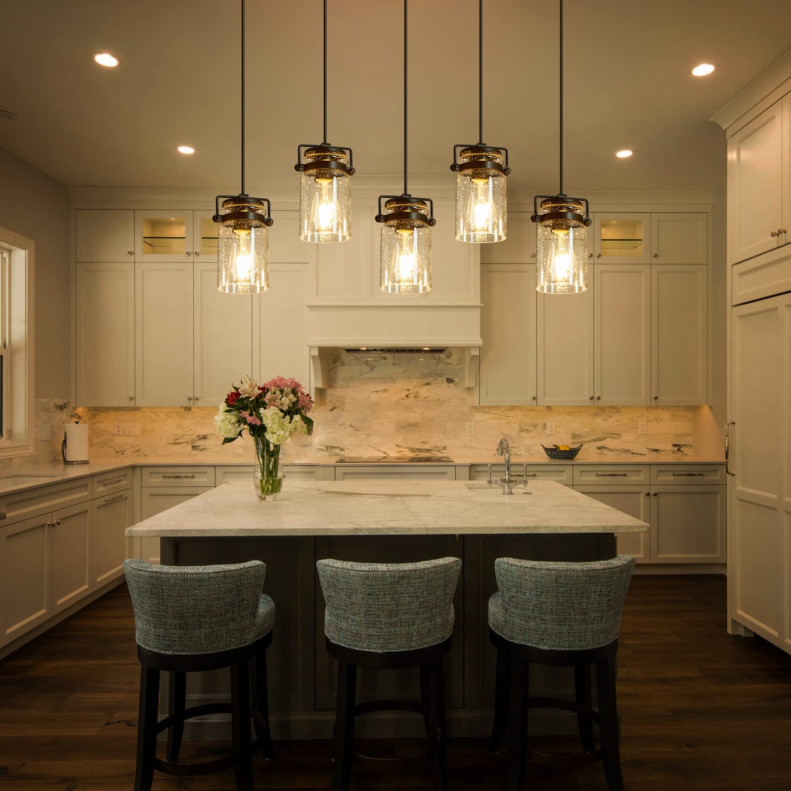 5-Light Black Linear Chandelier for Kitchen Island & Dining Room - Farmhouse Style Pendant Lighting with Glass Shades | Perfect for Modern Farmhouse, Rustic, and Industrial Home Decor