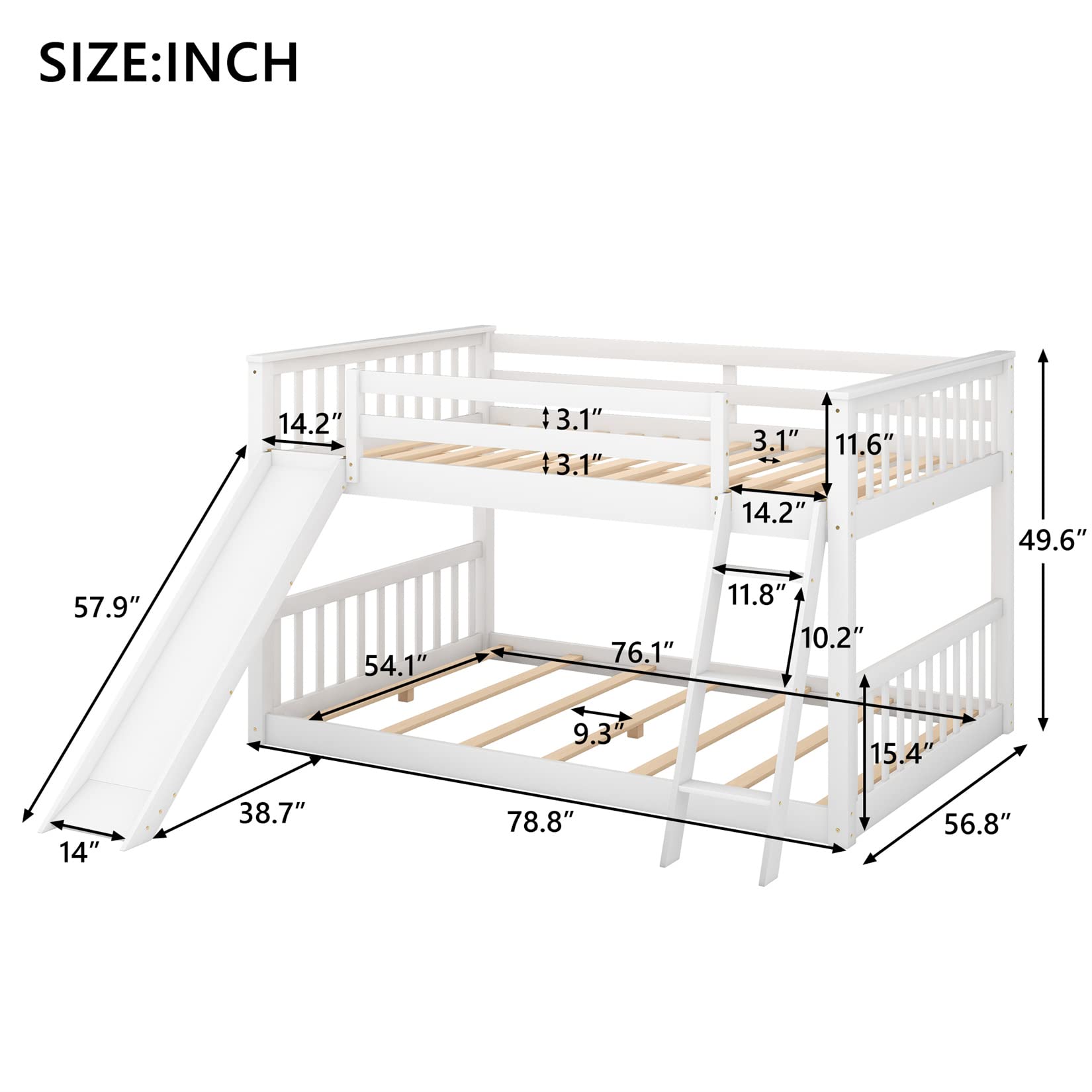 Full Over Full Low Bunk Beds with Slide for Kids - Sturdy Wood Bunk Bed Frame for Boys, Girls & Teens - Perfect for Bedroom, Dorm or Playroom - White