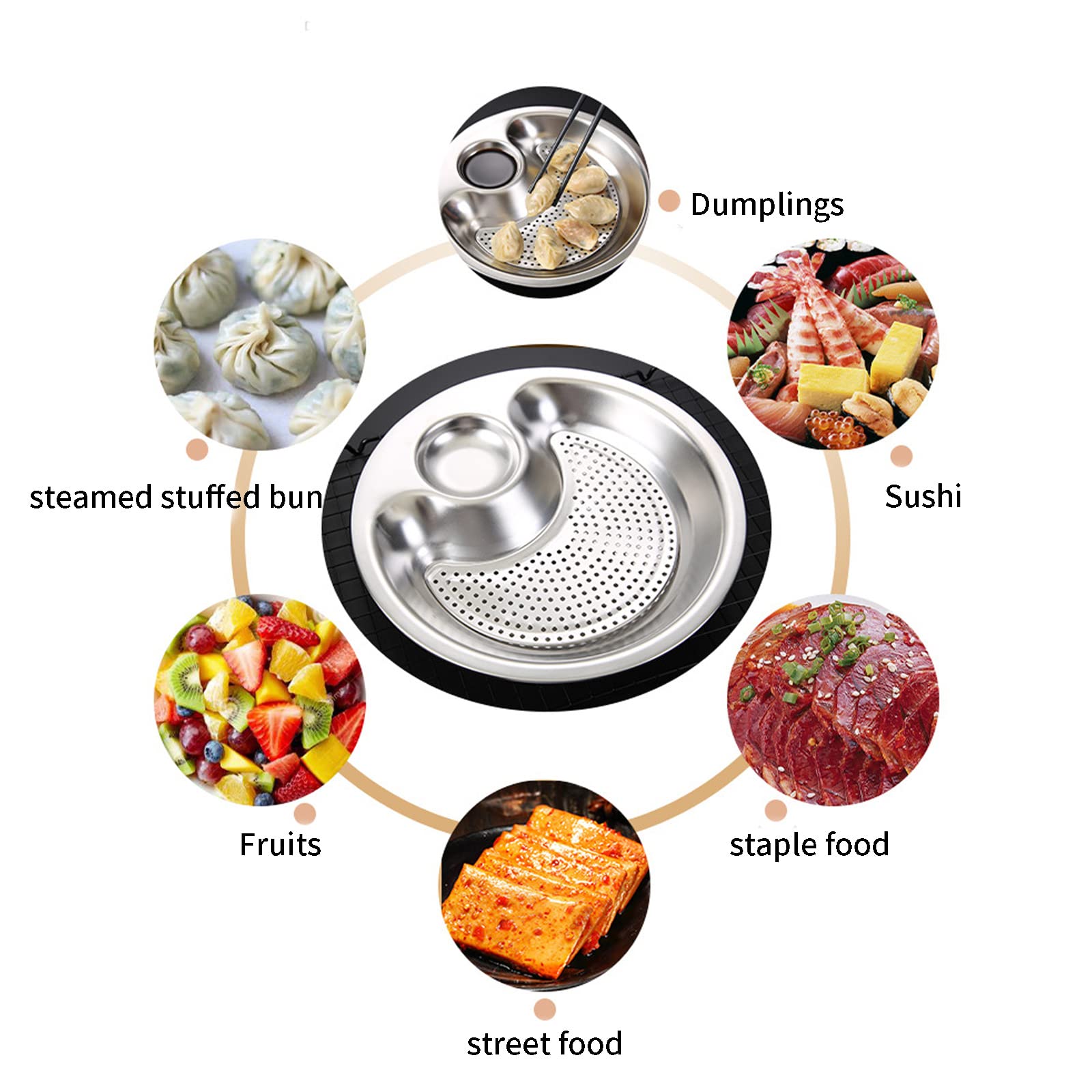 Premium Stainless Steel Dumpling Tray with Sauce Dish & Drain Tray - Double Layer Multipurpose Serving Plate for Dim Sum, Sushi, Appetizers - Perfect for Dinner Parties, Restaurants & Home Use (Silver)