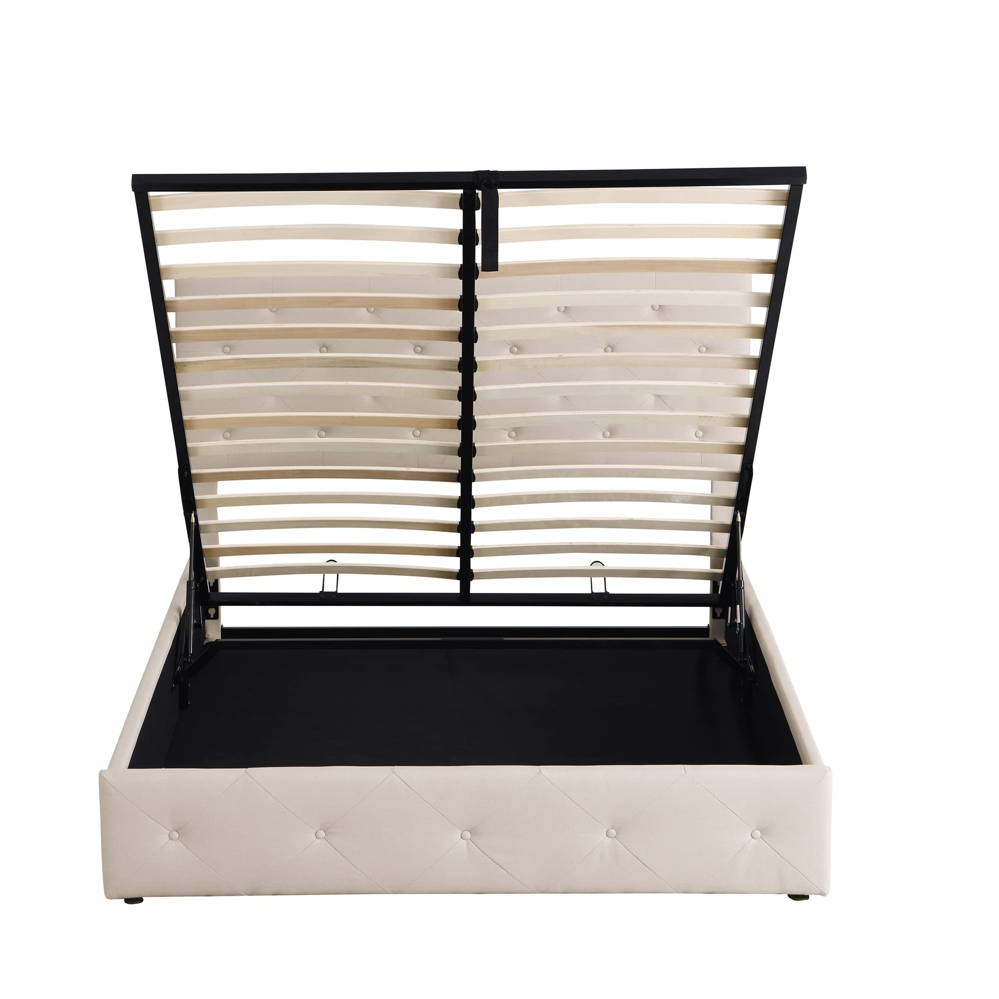 KLMM Queen Size Linen Upholstered Platform Bed with Hydraulic Storage System - Classic Headboard & 24 Reinforced Slats, No Box Spring Needed (Beige) | Space-Saving Bedroom Furniture for Small Apartments & Modern Homes