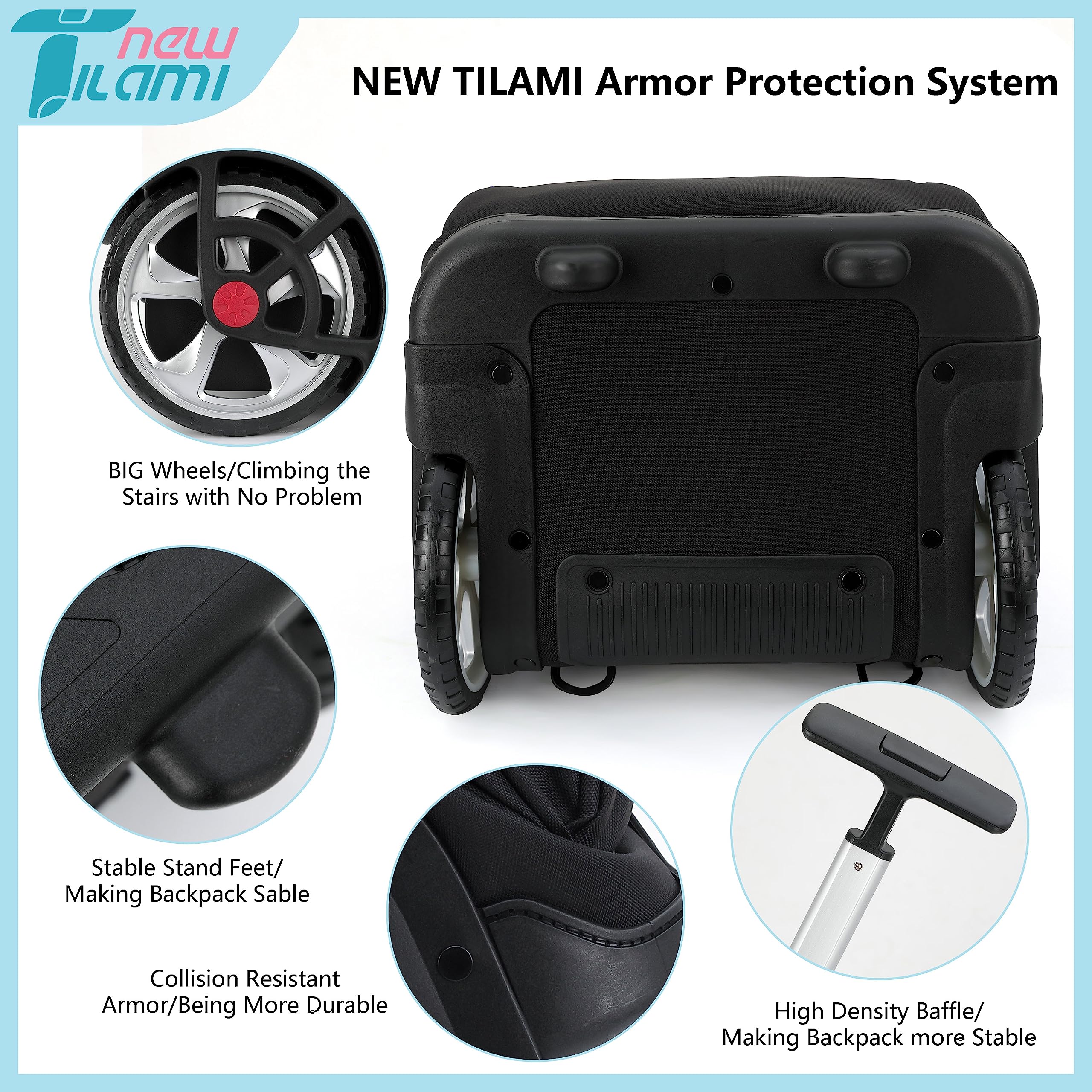 TILAMI 19 Inch Rolling Backpack with Lunch Compartment - Wheeled Laptop Backpack for Travel, School & Work - Durable Carry-On Bookbag with Wheels for Men & Women (Black) | Perfect for Business Trips, College Students & Daily Commute