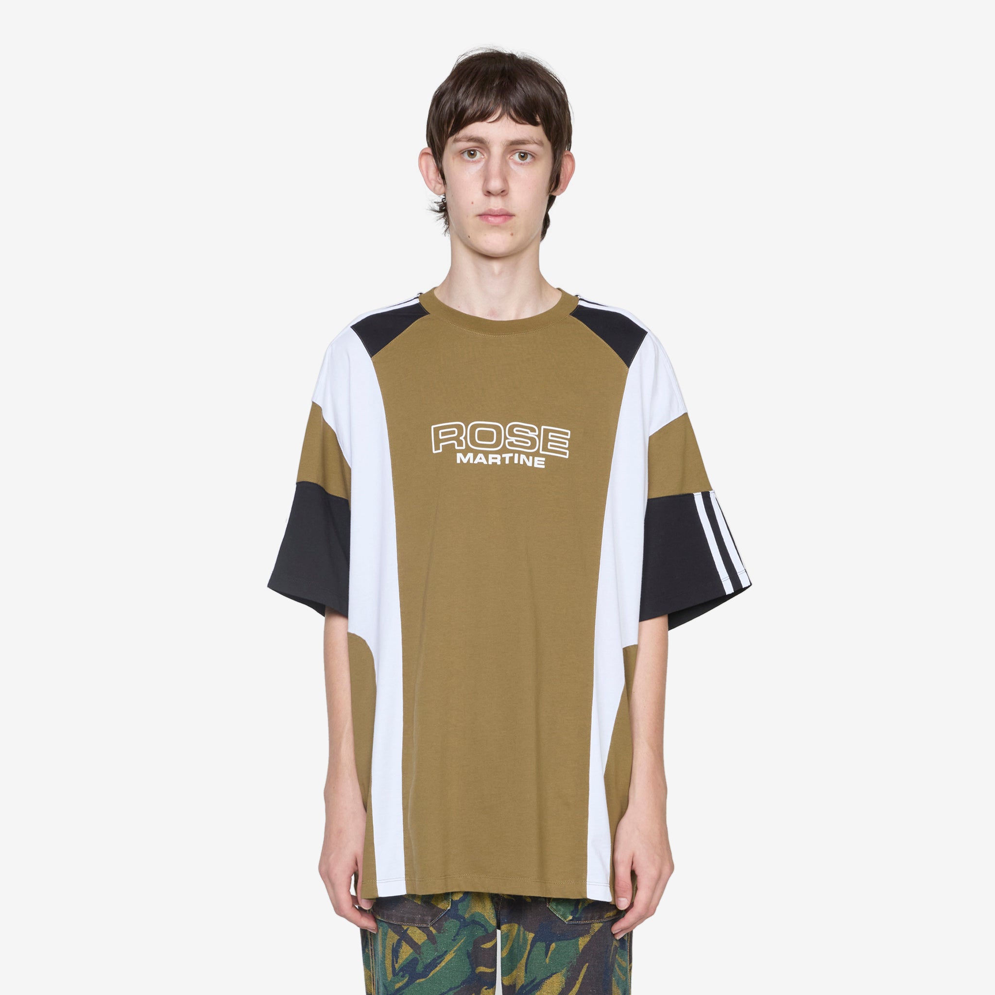 Oversized Panelled T-Shirt for Women - Green Khaki Rose Outline Print - Casual Streetwear & Loungewear for Everyday Comfort