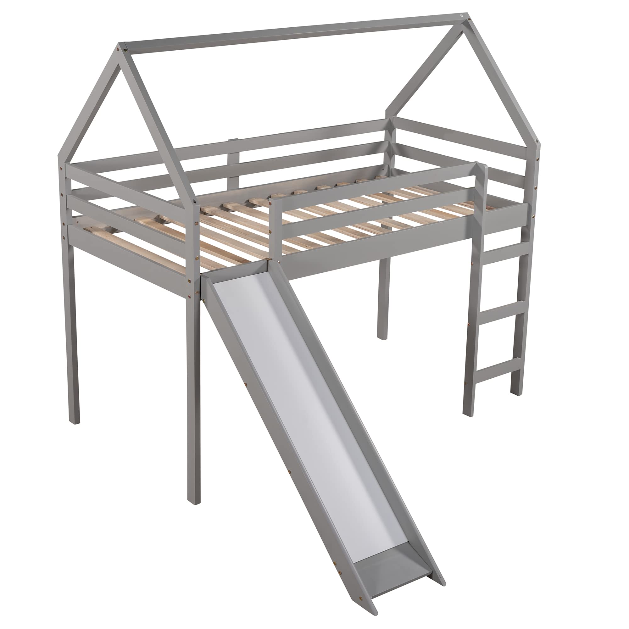 Kids Twin Loft Bed with Slide - Wooden Playhouse House Bed for Children, No Box Spring Needed, Grey - Perfect for Small Bedrooms, Playrooms & Fun Sleepovers