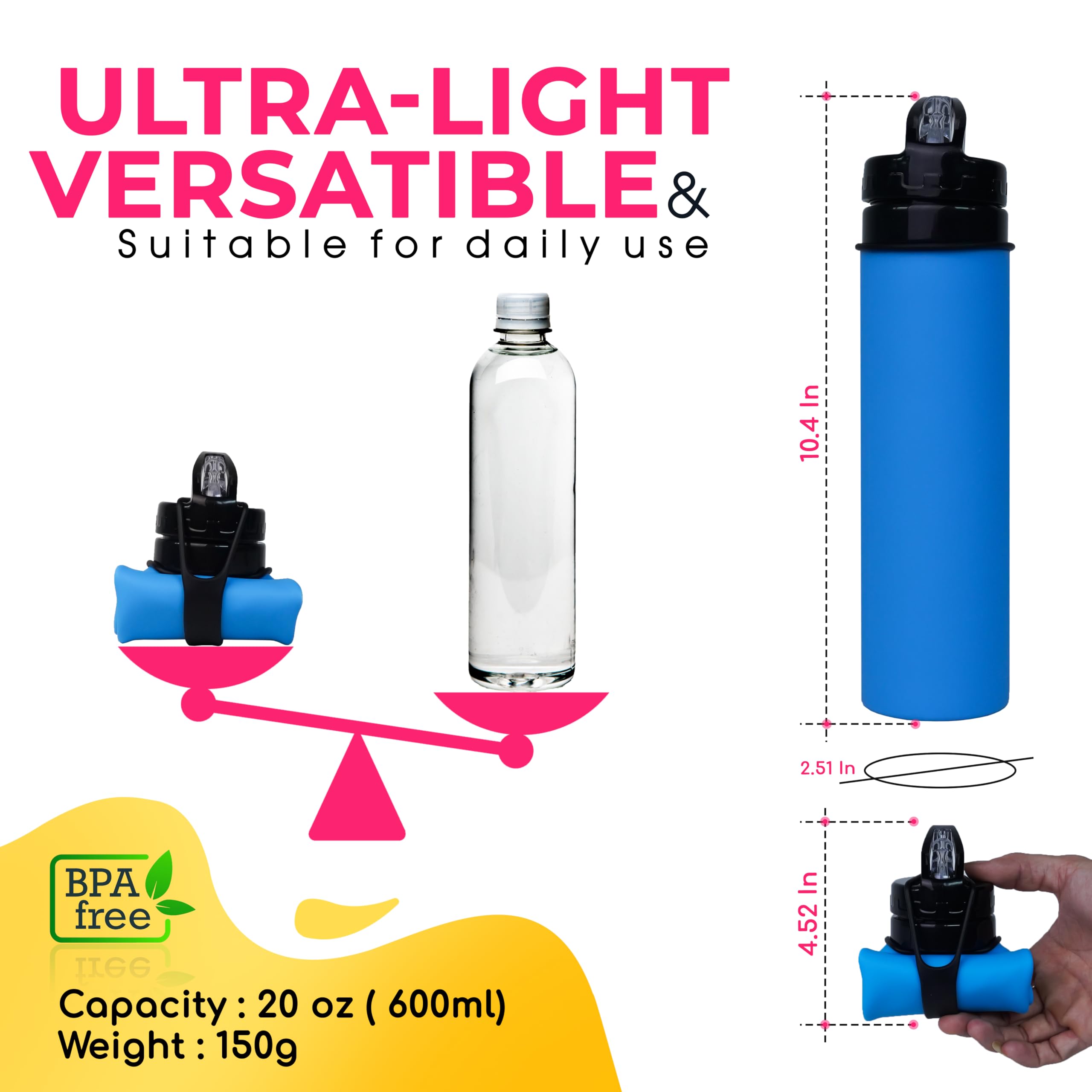 Collapsible Water Bottle 20oz - BPA Free, Leak Proof, Food Grade Silicone - Portable Reusable Water Jug for Travel, Camping, Hiking, Gym, Workout & Outdoor Activities (Blue)