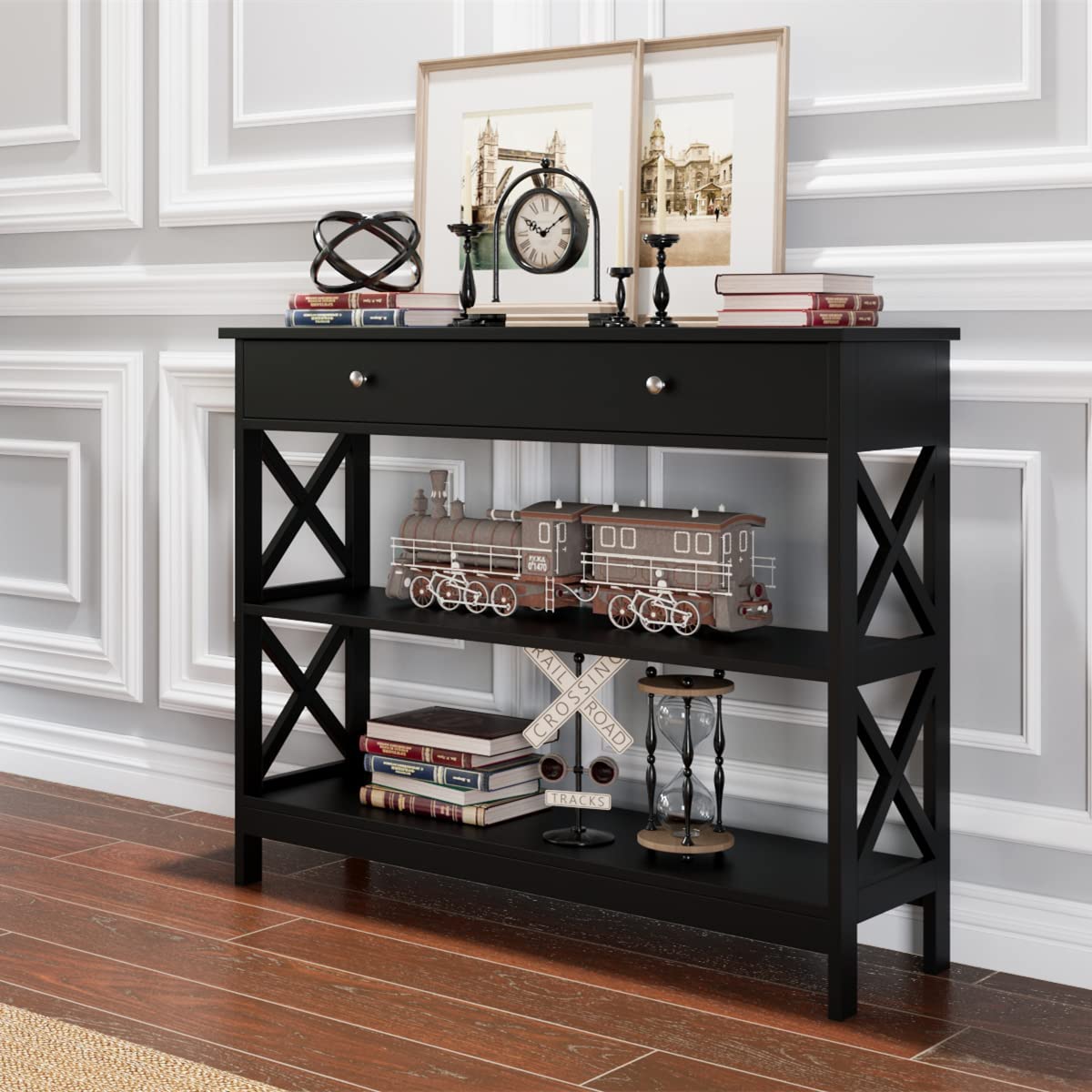 3-Tier Narrow Wood Console Table with Drawer & Open Shelves - X-Shaped Sofa Table for Hallway, Entryway & Living Room - Easy Assembly (39.4