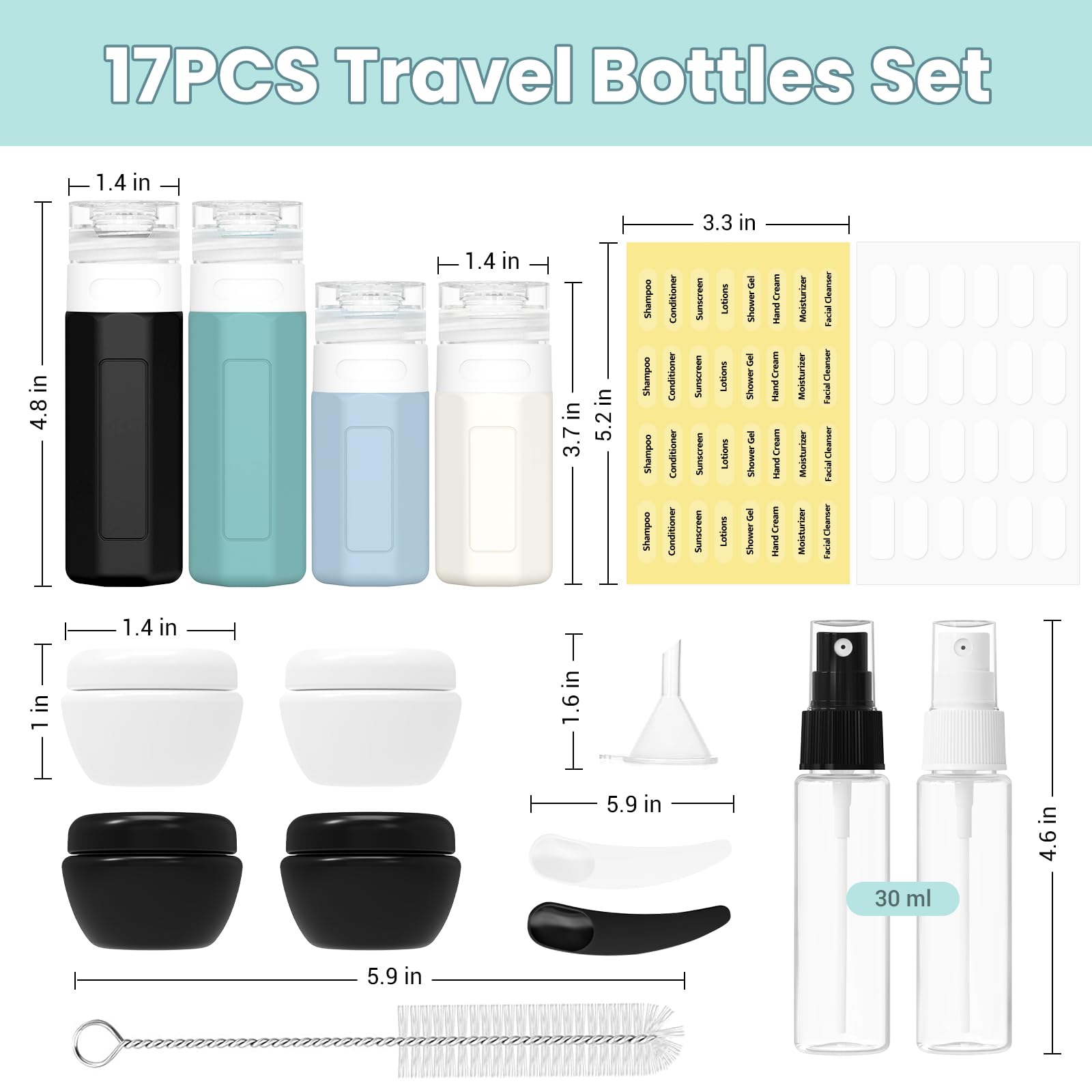 17 Pack TSA Approved Leak Proof Travel Bottles for Toiletries - Refillable Travel Size Containers for Shampoo, Body Wash, Lotion & Conditioner (Blue) - Perfect for Airplane Carry-On, Vacation & Gym Essentials