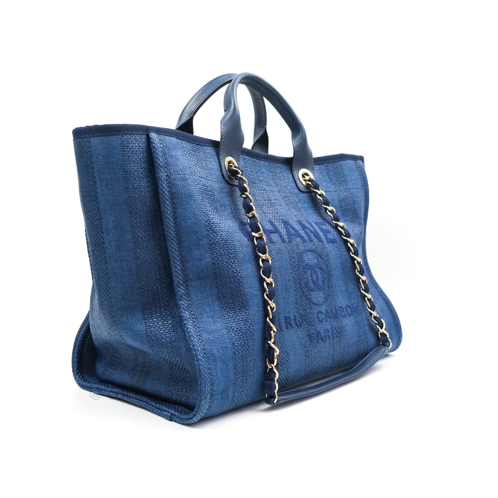 Chanel Canvas Large Deauville Tote Bag Navy Blue Striped 20S - Luxury Designer Beach Tote for Women, Perfect for Travel, Shopping & Everyday Use