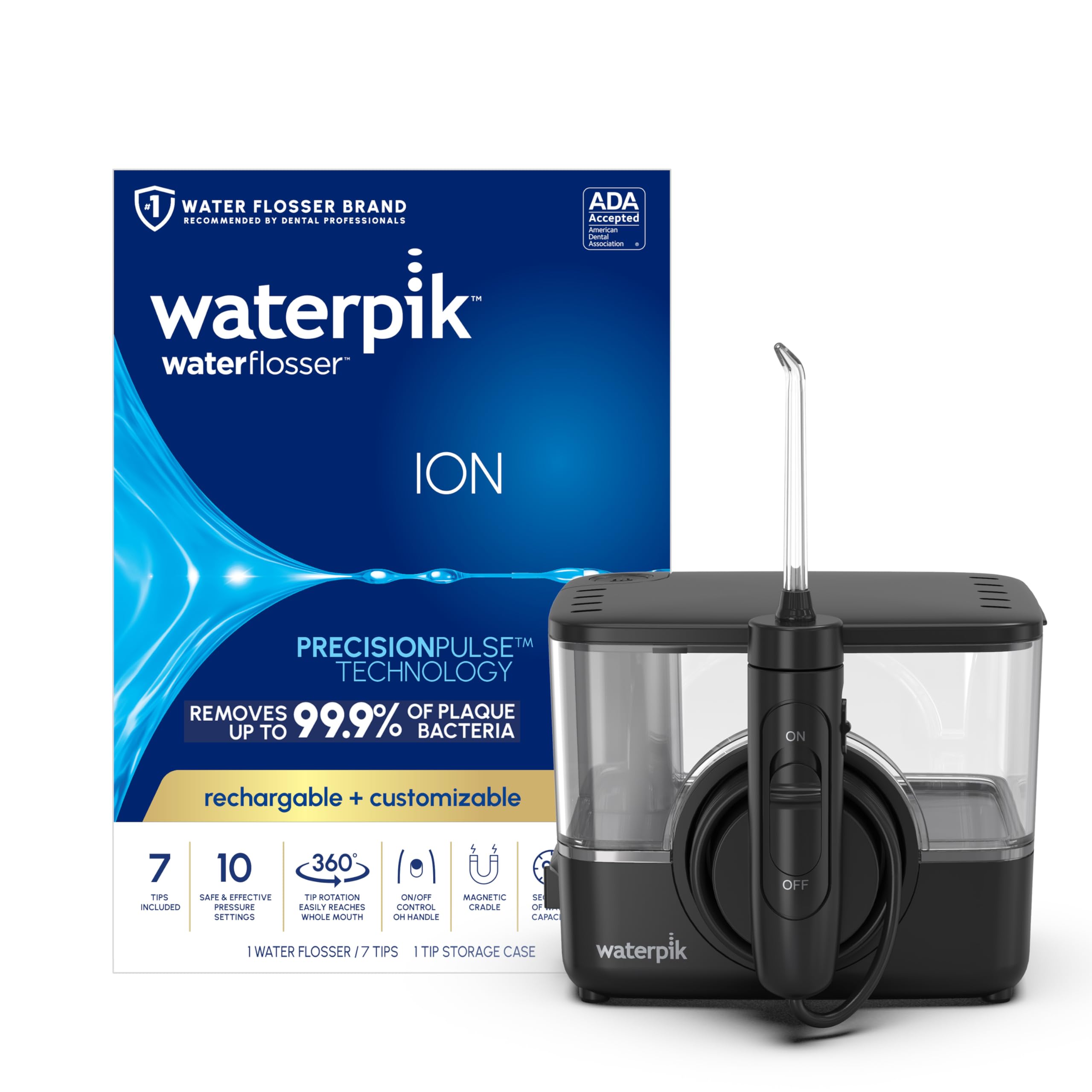 Waterpik ION Professional Water Flosser - Rechargeable Cordless Dental Flosser for Teeth Cleaning, Gum Care & Braces | 10 Pressure Settings with 7 Tips for Family Use | ADA Accepted Portable Oral Irrigator (WF-12 Black) | Perfect for Travel, Home & Office Use