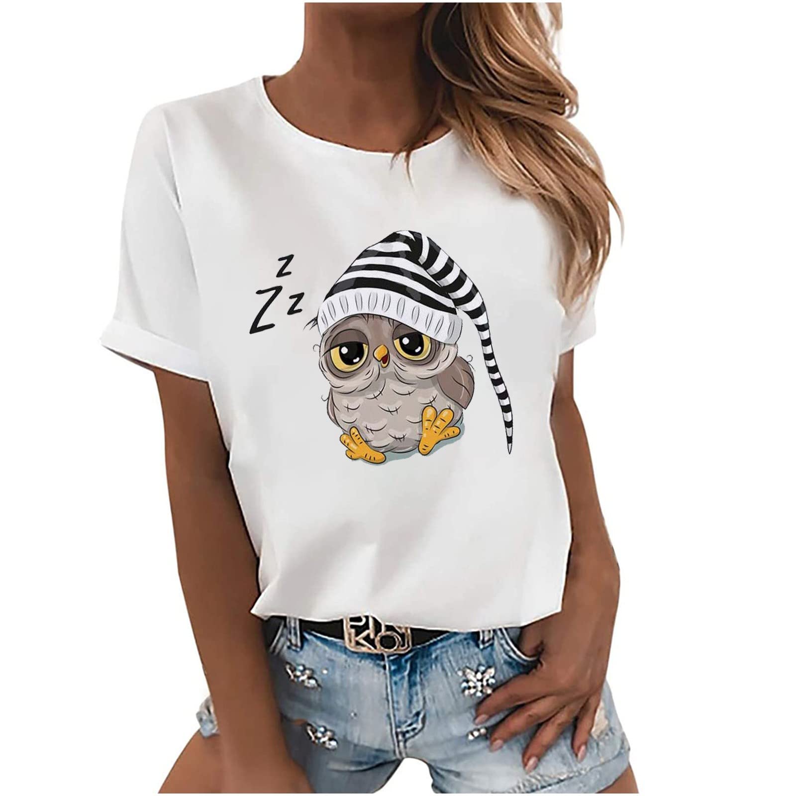 Women's Summer Short Sleeve Owl Print T-Shirt - Casual Crewneck Pullover Blouse for Going Out & Daily Wear | Cute Animal Graphic Tee for Women's Fashion
