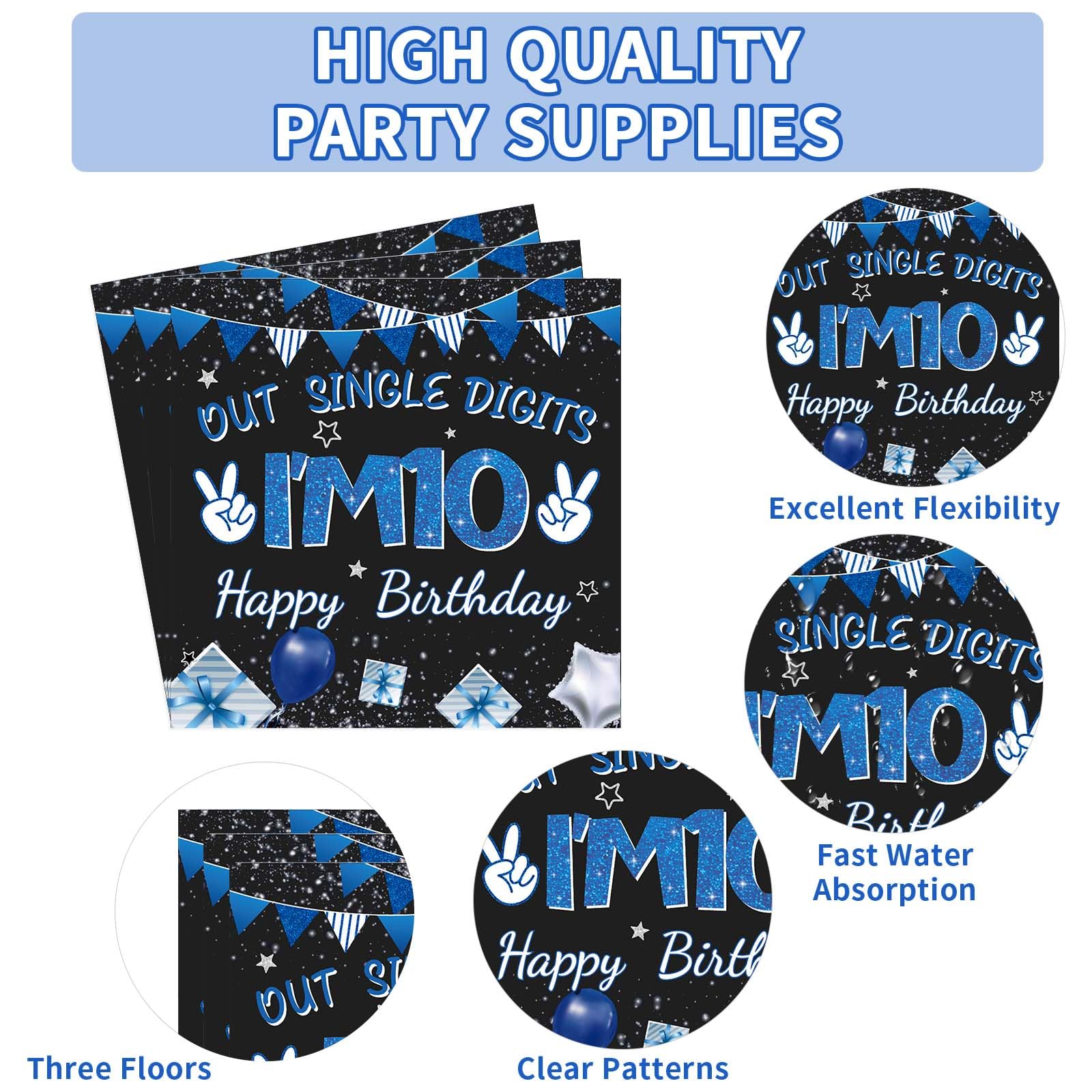 96 Pcs Blue and Black 10th Birthday Party Supplies Set - 350 GSM Disposable Plates, Napkins & Tableware for Boys | I'm 10 Single Digit Theme Decor | Serves 24 Guests - Perfect for Kids Birthday Parties, Decoration & Celebration Events