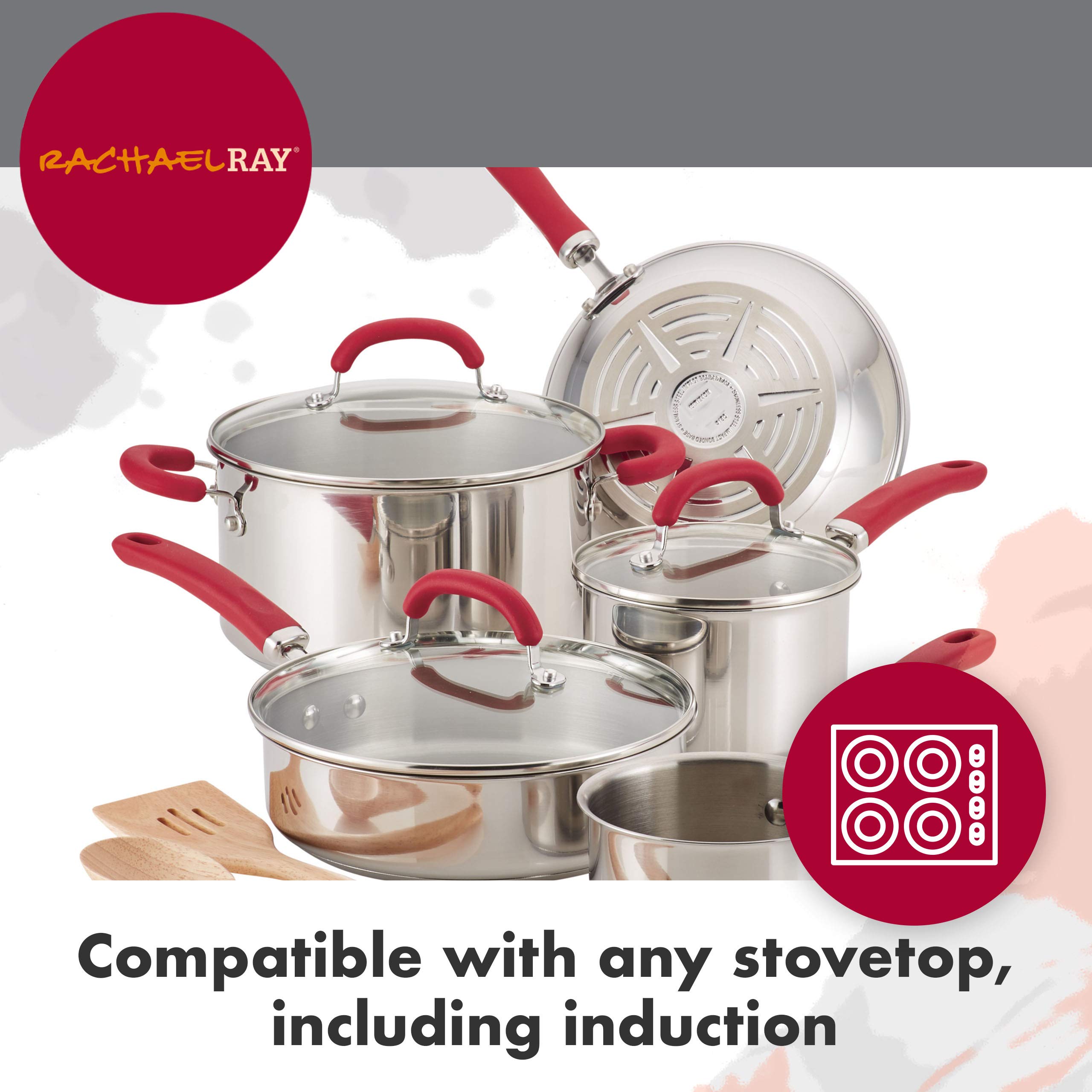 Rachael Ray 10-Piece Stainless Steel Cookware Set with Light Blue Handles - Nonstick Pots & Pans for Induction Cooking | Perfect for Home Chefs & Professional Kitchens