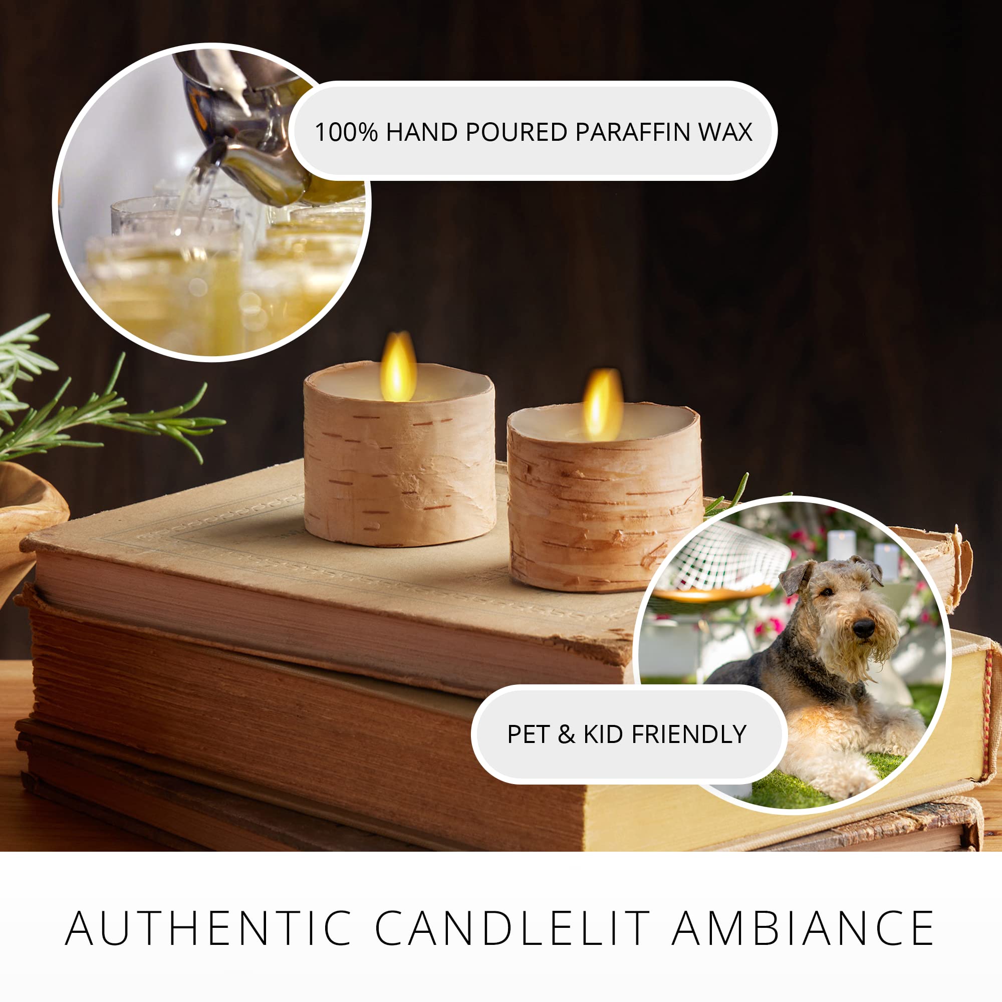 Flameless LED Tea Light Candles - Pack of 2 Birch & Pearl Ivory Battery Operated Candles with Realistic Flickering Flame & Remote Timer - Perfect for Home Decor, Weddings, Restaurants & Romantic Ambiance