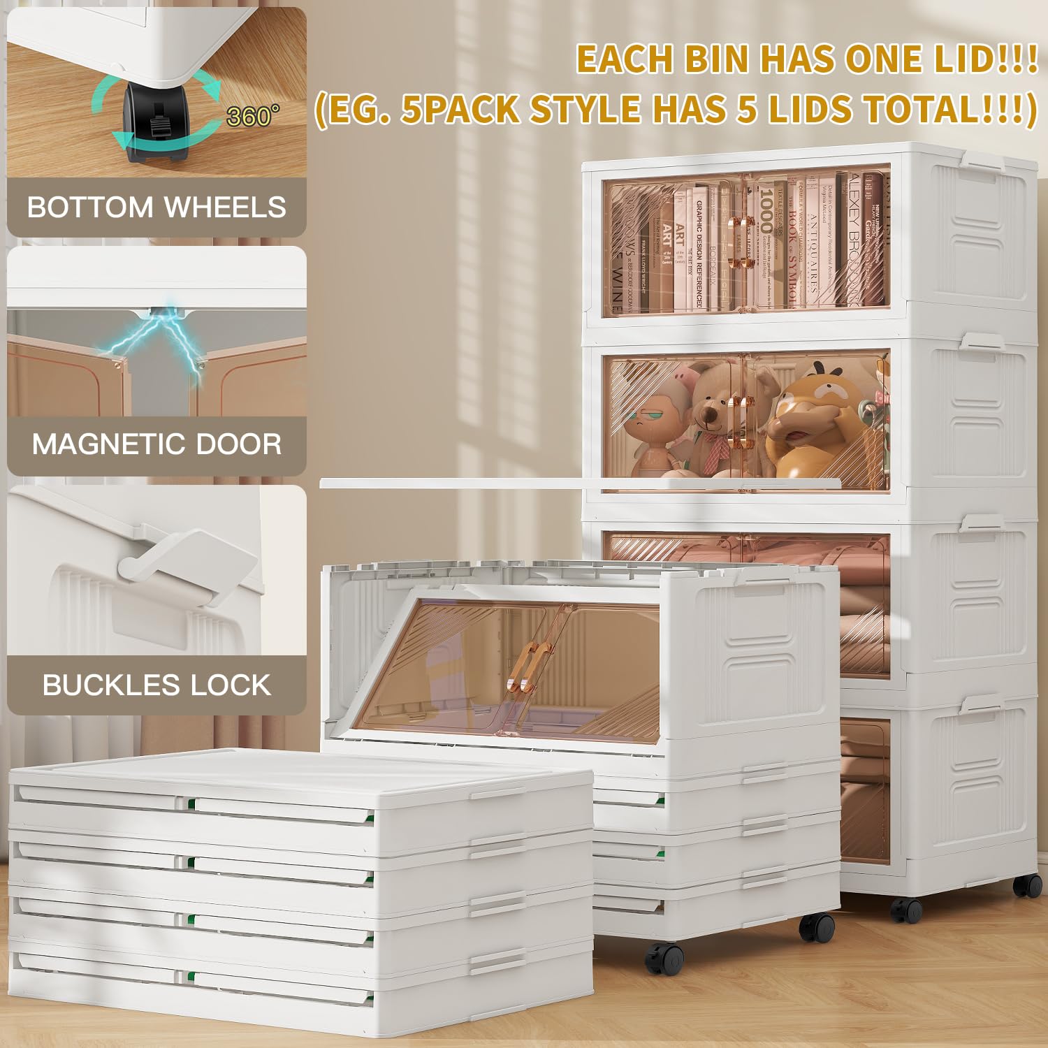 3-Pack 23 Gallon Collapsible Storage Bins with Lids & Wheels - Stackable Double Door Organizer for Closet, Home & Office (White) - Perfect for Seasonal Storage, Toy Organization & Space Saving Solutions