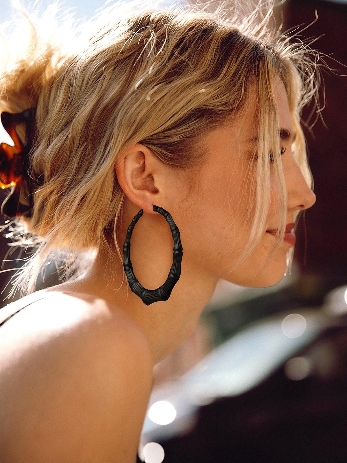 U7 Bamboo Hoop Earrings for Women - Stainless Steel, Personalized Black or 18K Gold Plated Statement Earrings - Extra Large Hip Hop Name Hoops - Perfect for Parties, Fashion Jewelry & Gift Giving