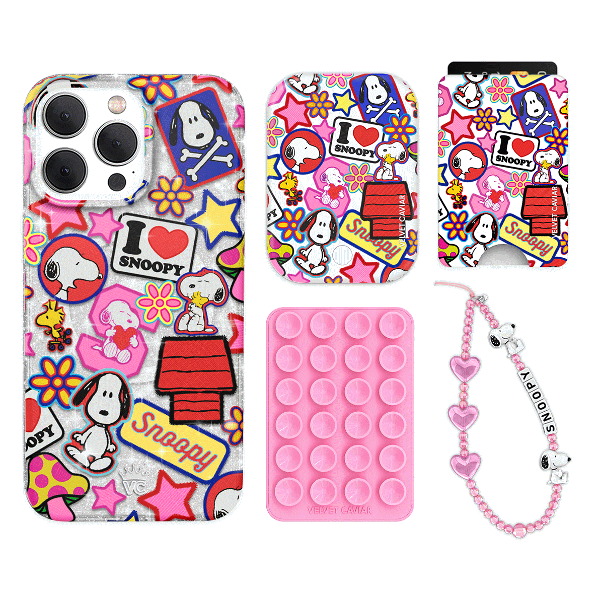 Snoopy Glitter iPhone Case with Wallet - Cute Patchwork Design for iPhone 13/14/15 - Perfect for School, Work & Travel Accessories