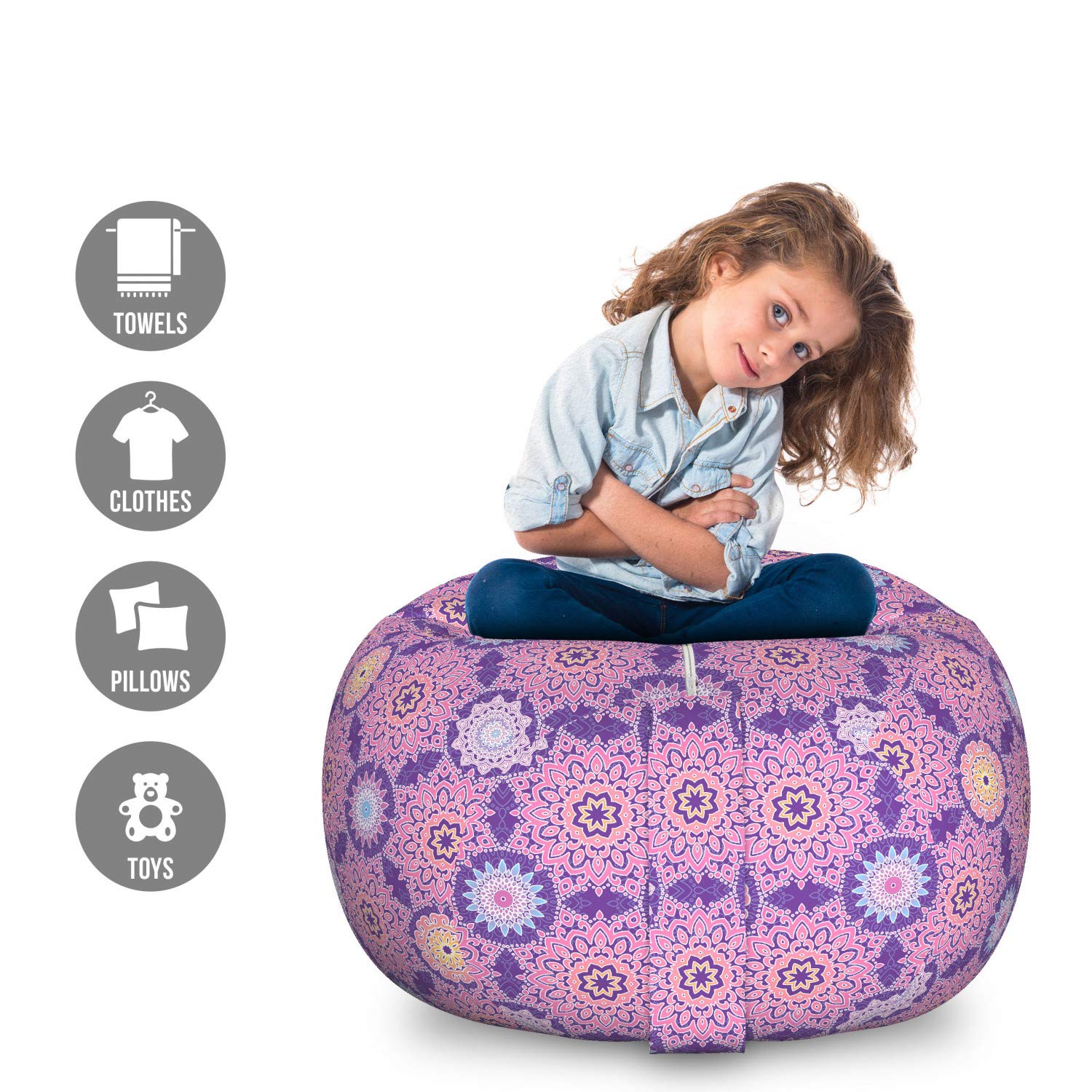 Ambesonne Ethnic Storage Toy Bag Chair - Oriental Traditional Feminine Design, Large Washable Stuffed Animal Organizer (Indigo & Multicolor) - Perfect for Kids' Room, Nursery, Playroom & Home Organization