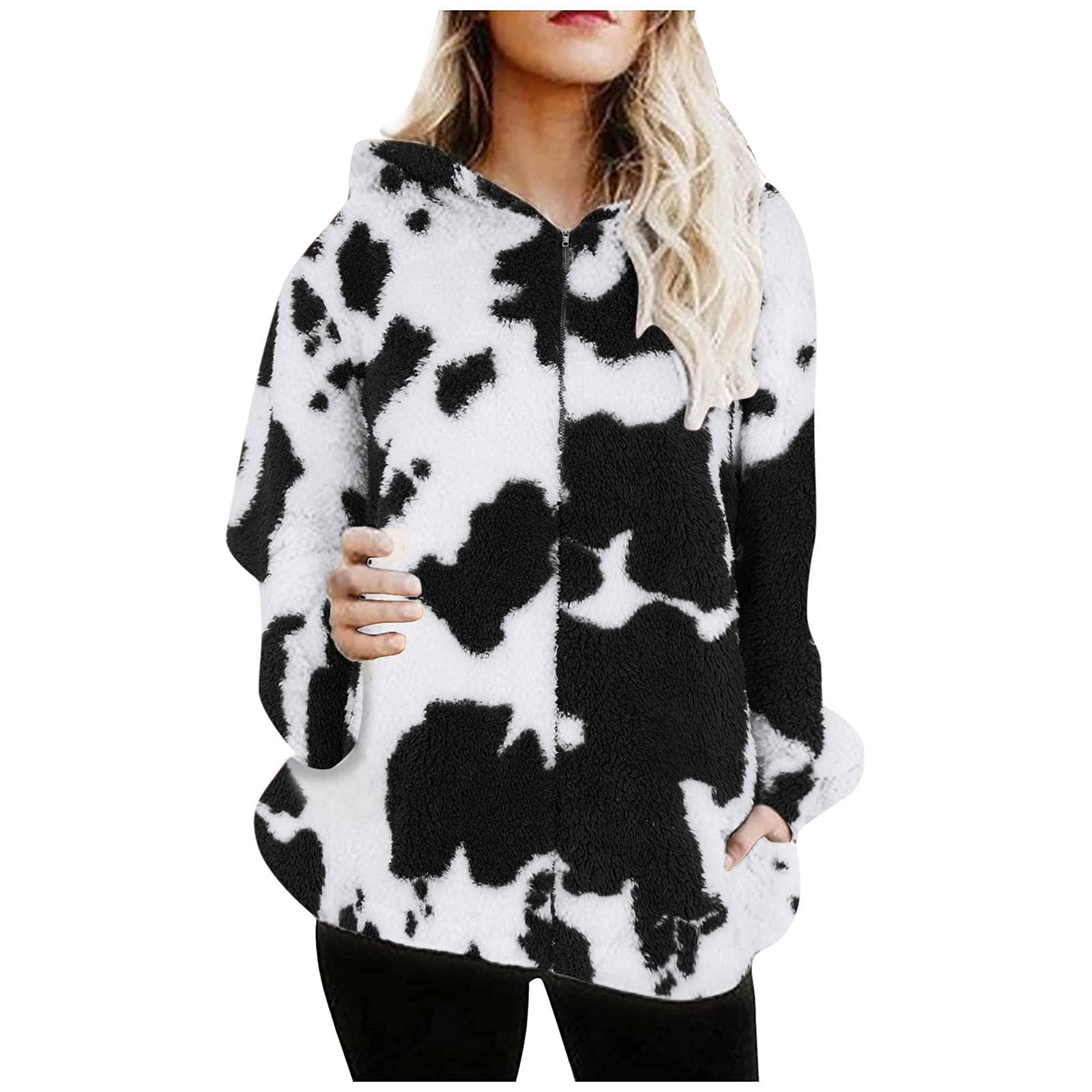 Women's Plush Fleece Jacket with Milk Print & Zipper - Warm Winter & Autumn Coats for Women - Perfect for Casual Outings, Outdoor Activities & Layering in Cold Weather