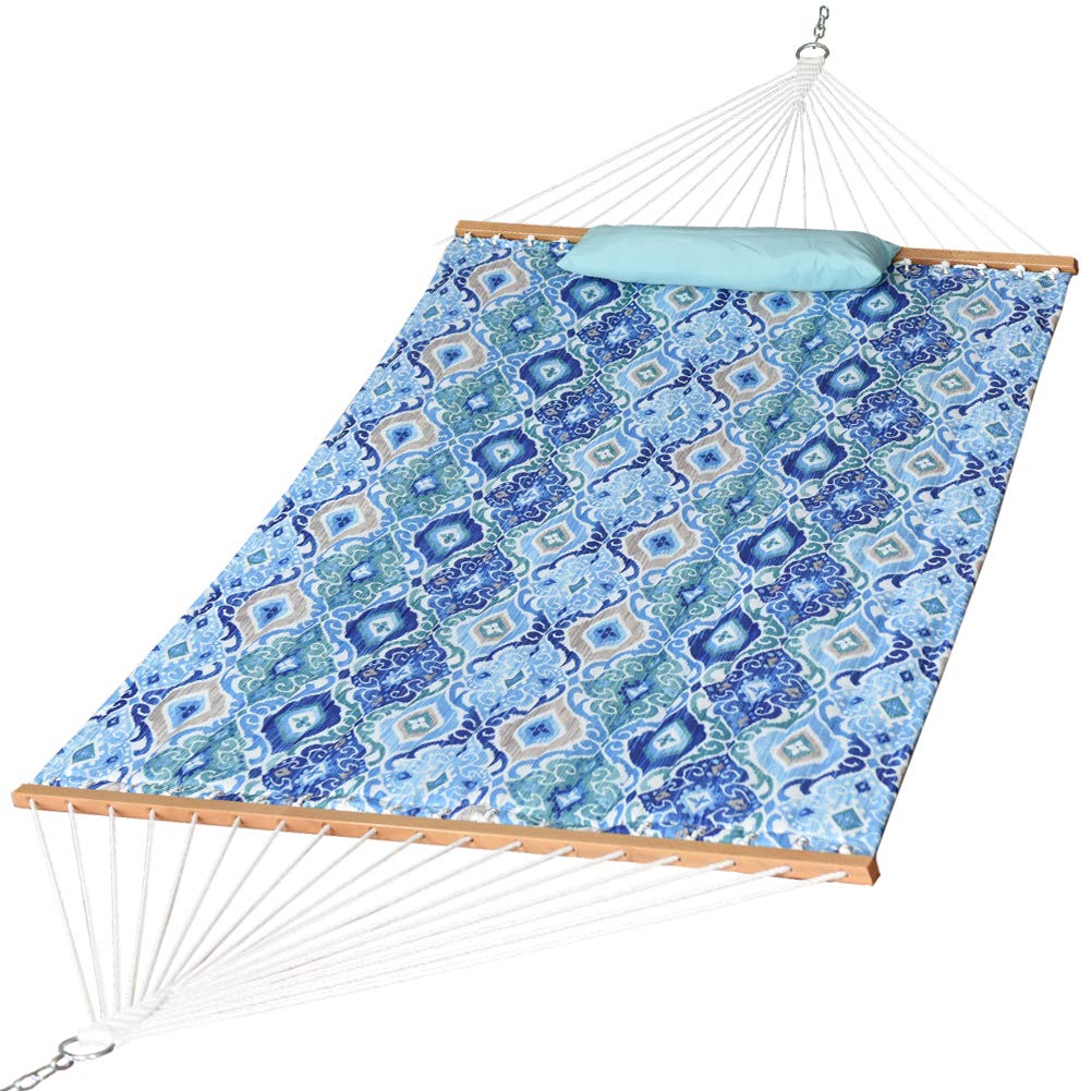 Quilted Fabric Double Hammock with Pillow - Heavy Duty Hardwood Spreader Bar - Outdoor Hammock for Adults 450lb Capacity - Perfect for Patio, Garden, Yard, Pool & Beach Relaxation - Blue Pattern Design