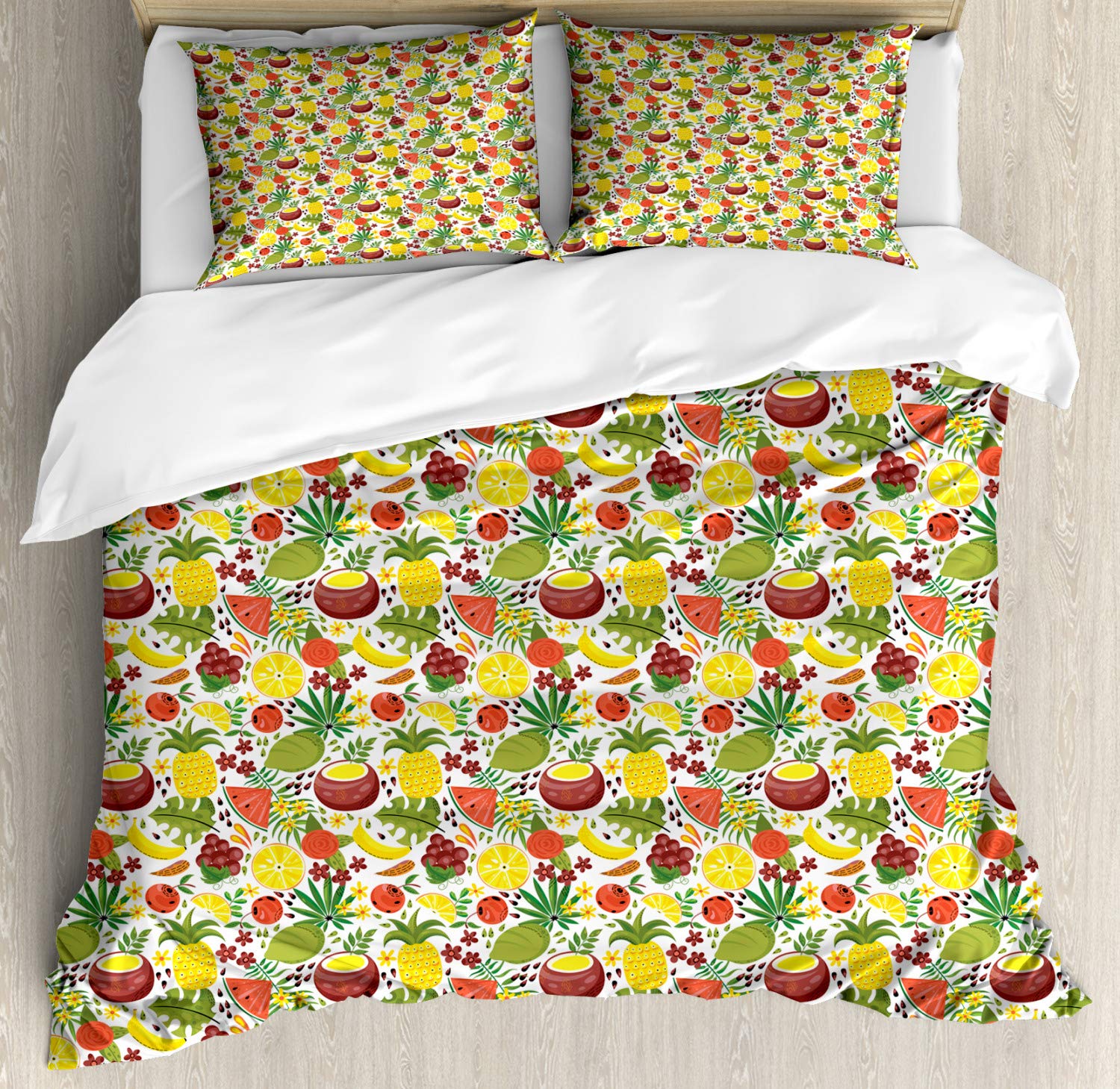 Ambesonne Hawaiian Duvet Cover Set - Tropical Fruits & Exotic Jungle Flowers Botanical Print, 3-Piece Queen Size Bedding Set with 2 Pillow Shams in Apple Green & Yellow | Perfect for Beach House Decor, Tropical Bedroom Theme, and Summer Vacation Vibes