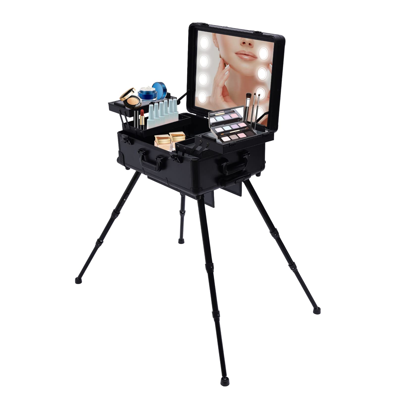 Professional Makeup Train Case with 4 Rolling Wheels, LED Lights & Mirror - Portable Cosmetic Station for Makeup Artists (Black) | Perfect for Salon, Home Beauty & On-the-Go Makeup Application