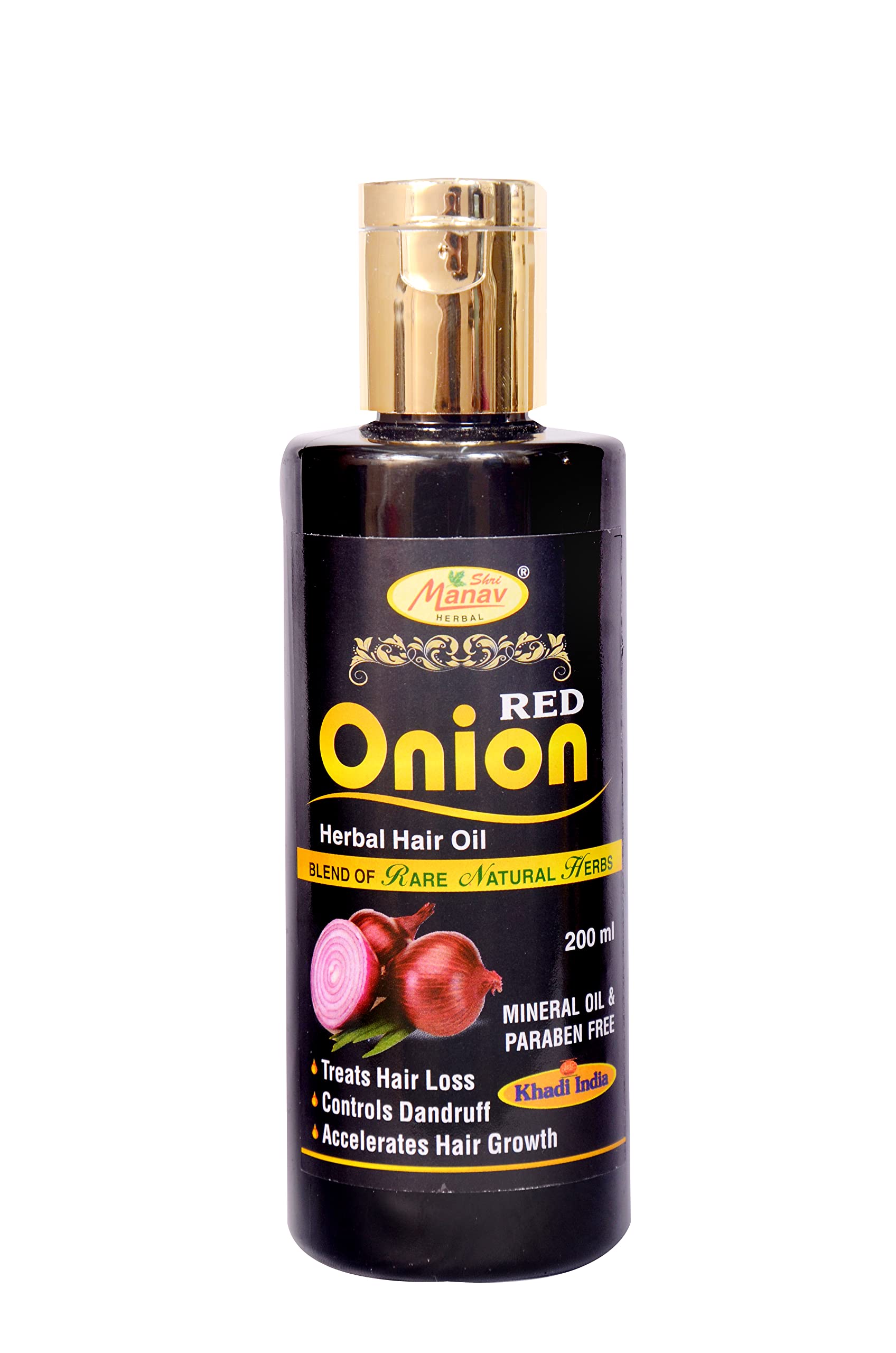 Shri Manav Herbal Khadi India Red Onion Hair Oil 200ml - Natural Hair Growth & Anti Hair Loss Treatment with Black Seed, Curry Leaf, Hibiscus, Bhringraj & 29+ Herbal Oils | Promotes Thicker, Stronger Hair | Perfect for Daily Scalp Massage & Damaged Hair Care