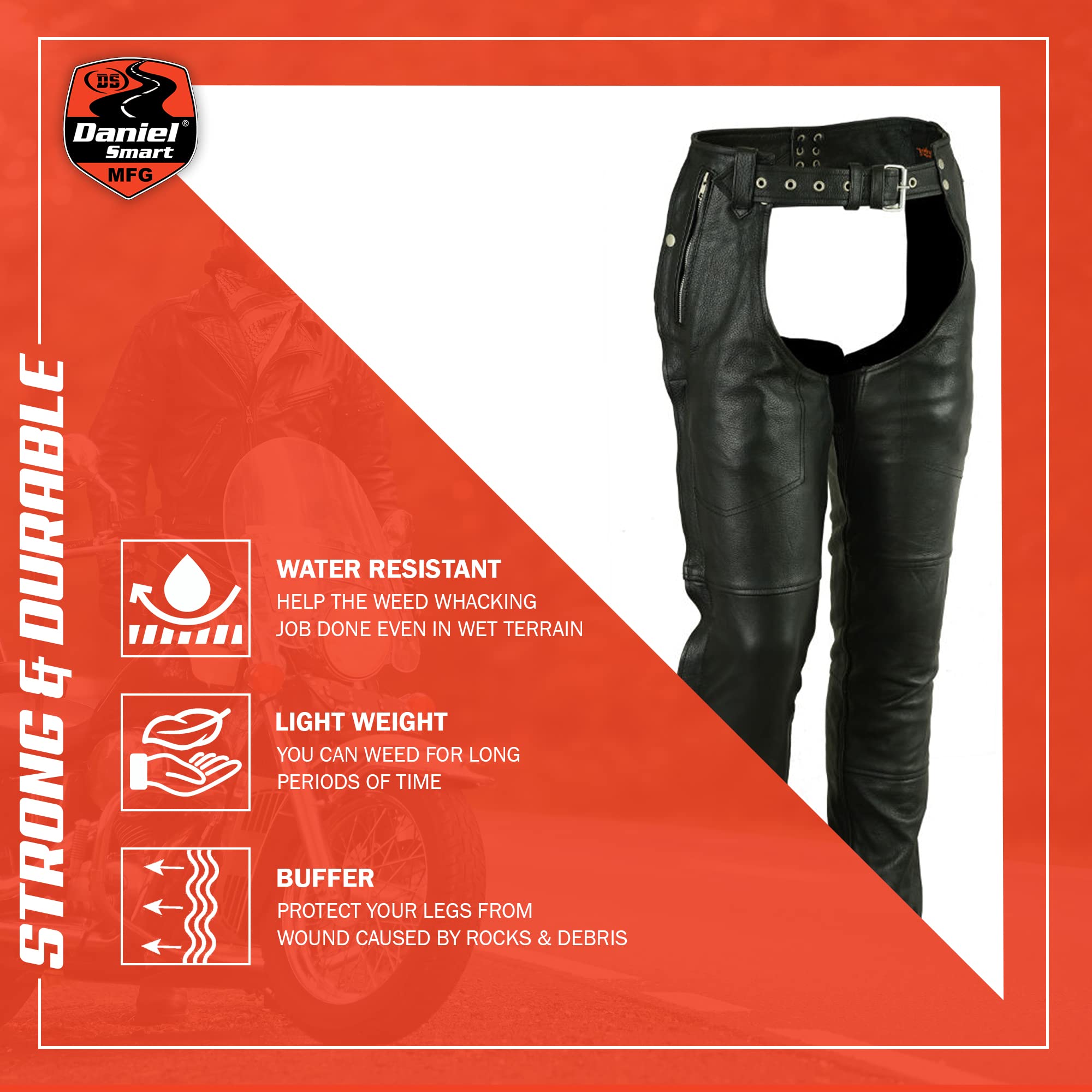 Daniel Smart Motorcycle Leather Chaps - All Season Unisex Biker Pants with Adjustable Fit & Convenient Pockets | Perfect for Harley, Cruiser & Road Trips