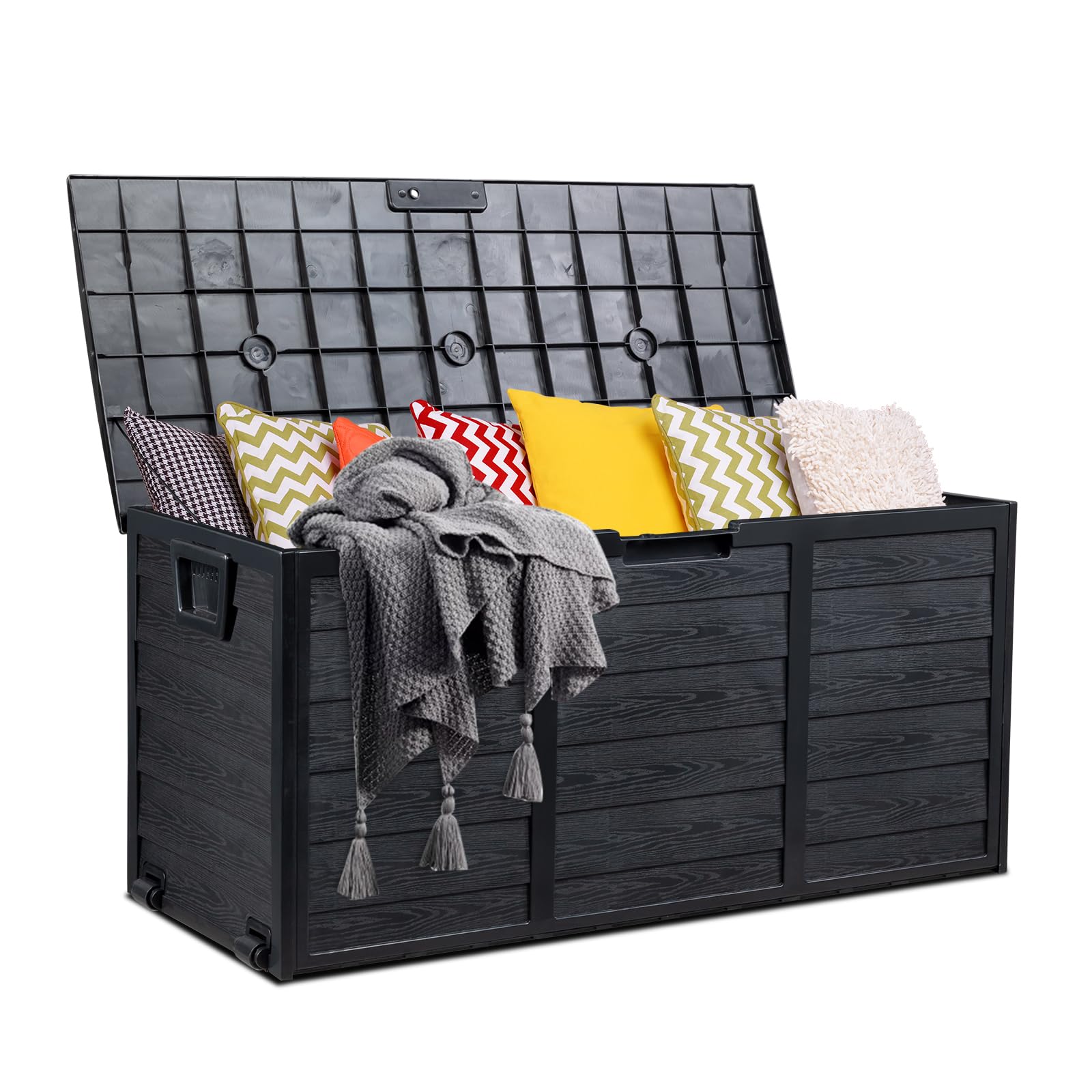 Outvita 75 Gallon Waterproof Deck Storage Box - Heavy Duty Outdoor Storage Container for Patio Cushions, Pool Toys, Garden Tools & Yard Accessories - All Black - Perfect for Backyard, Poolside & Patio Organization