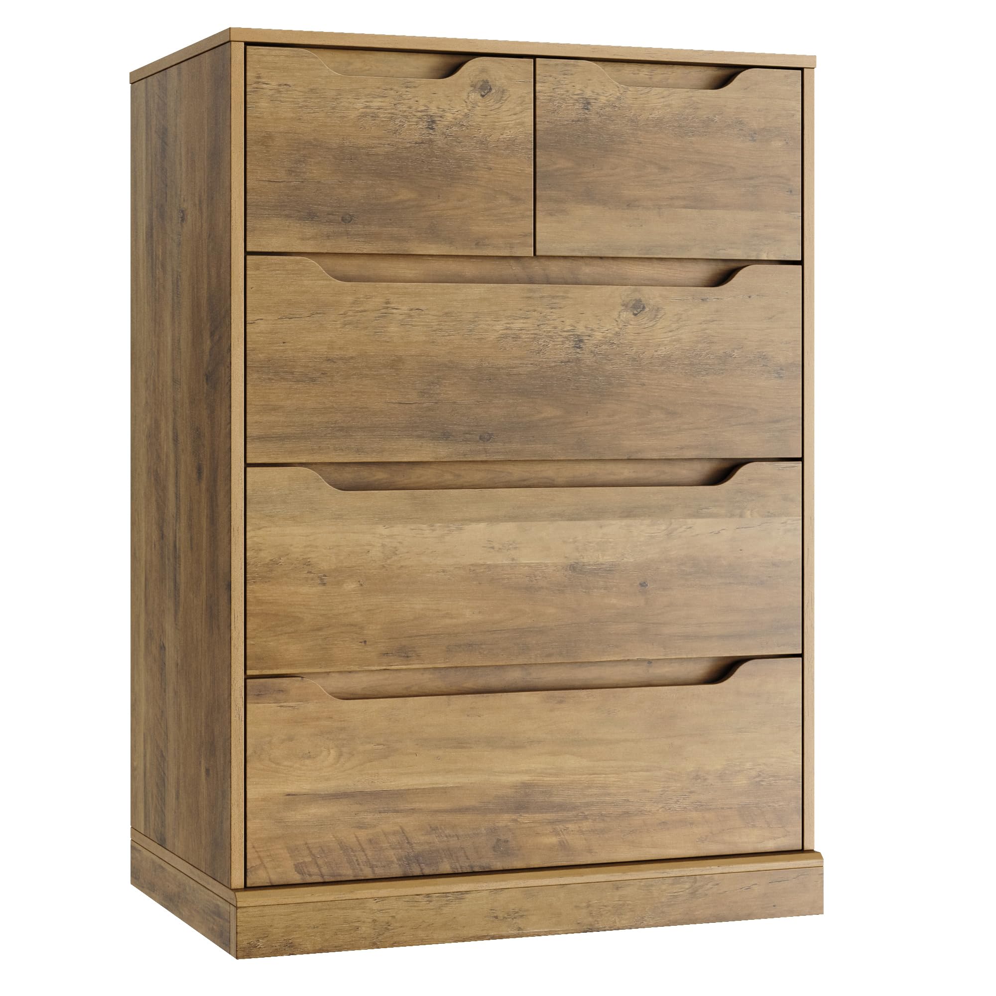 HOSTACK Modern 5-Drawer Wooden Dresser with Storage - Rustic Brown Chest of Drawers for Bedroom, Living Room, Entryway & Hallway - Space-Saving Storage Cabinet with Cut-Out Handles for Clothes, Linens & Home Organization