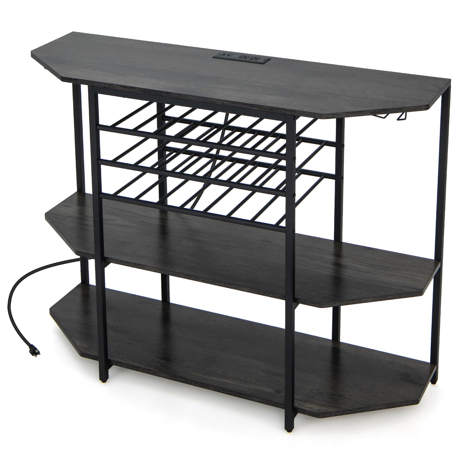 Giantex Industrial Bar Table Cabinet with Power Outlet & USB Port - 21 Bottle Wine Rack & Glass Holder - 3-Tier Mini Coffee Bar Stand for Liquor Storage - Perfect for Kitchen, Dining Room & Home Bar Organization