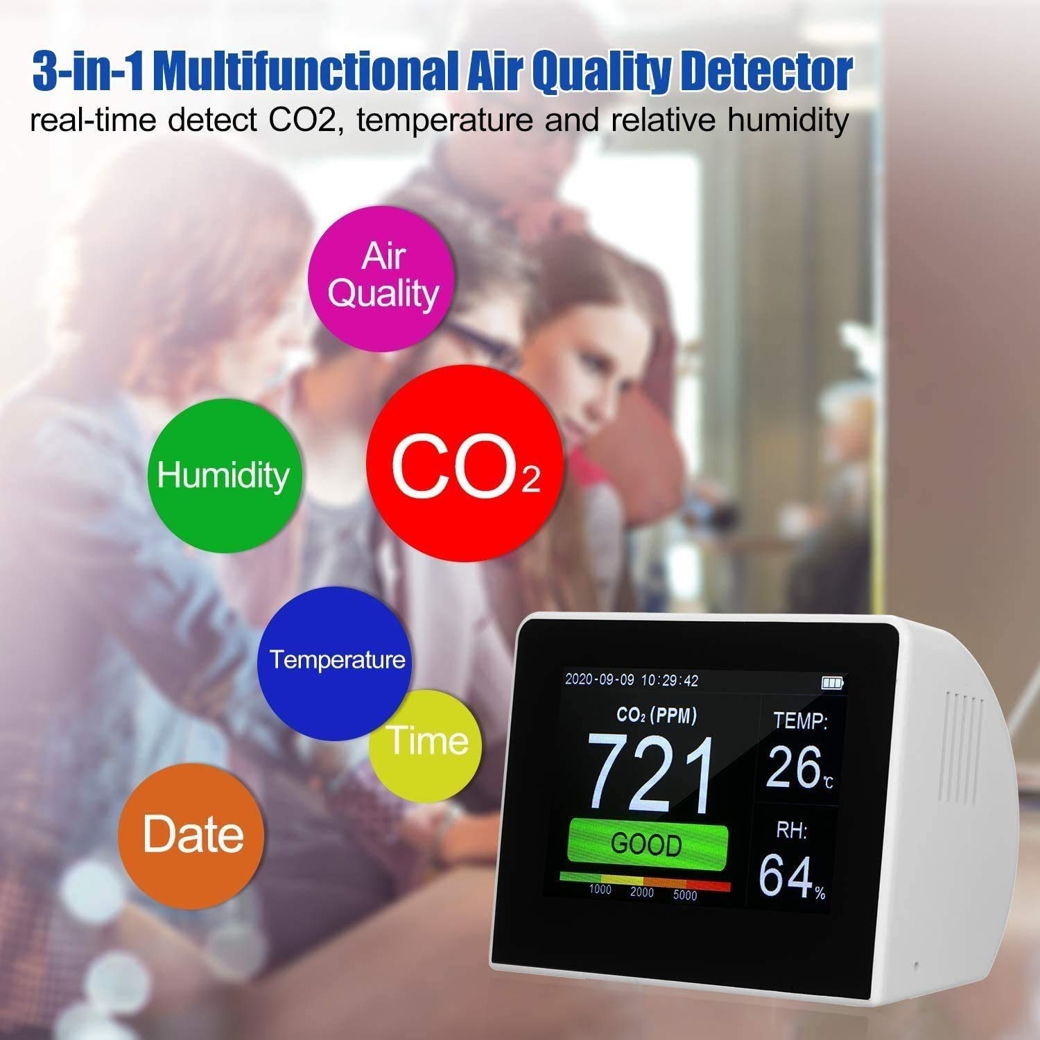 Air Quality Monitor for Indoor & Outdoor Use - CO2 Detector with Temperature & Humidity Sensor (0-9999ppm Range) | Ideal for Home, Office, Car & Travel | Improve Indoor Air Quality & Health