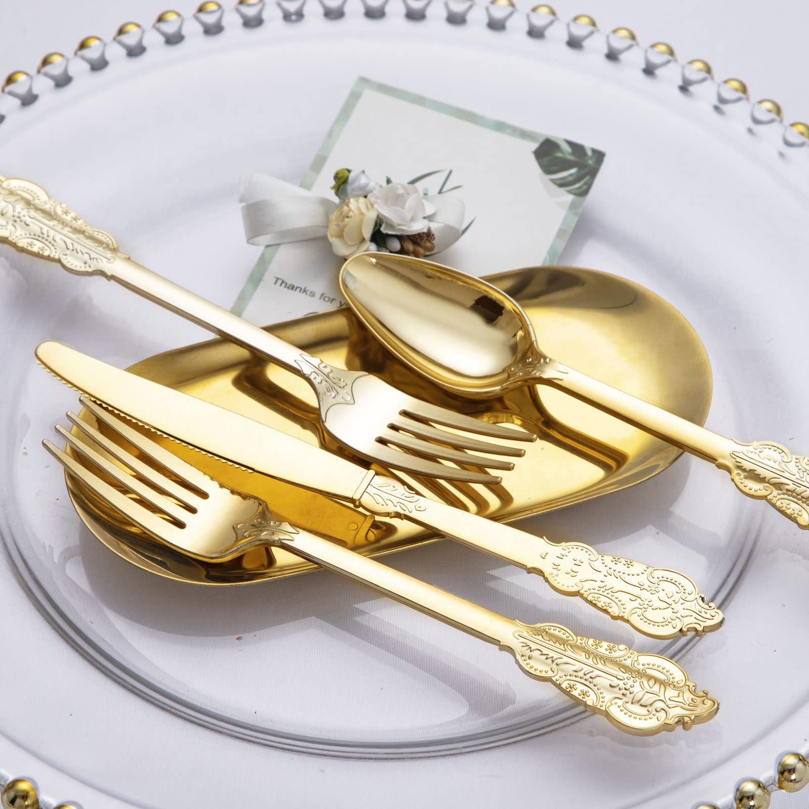 BUCLA 600-Piece Gold Plastic Silverware Set - Heavyweight Disposable Cutlery (200 Gold Forks, 200 Spoons, 200 Knives) - Elegant Party Supplies for Weddings, Events & Catering