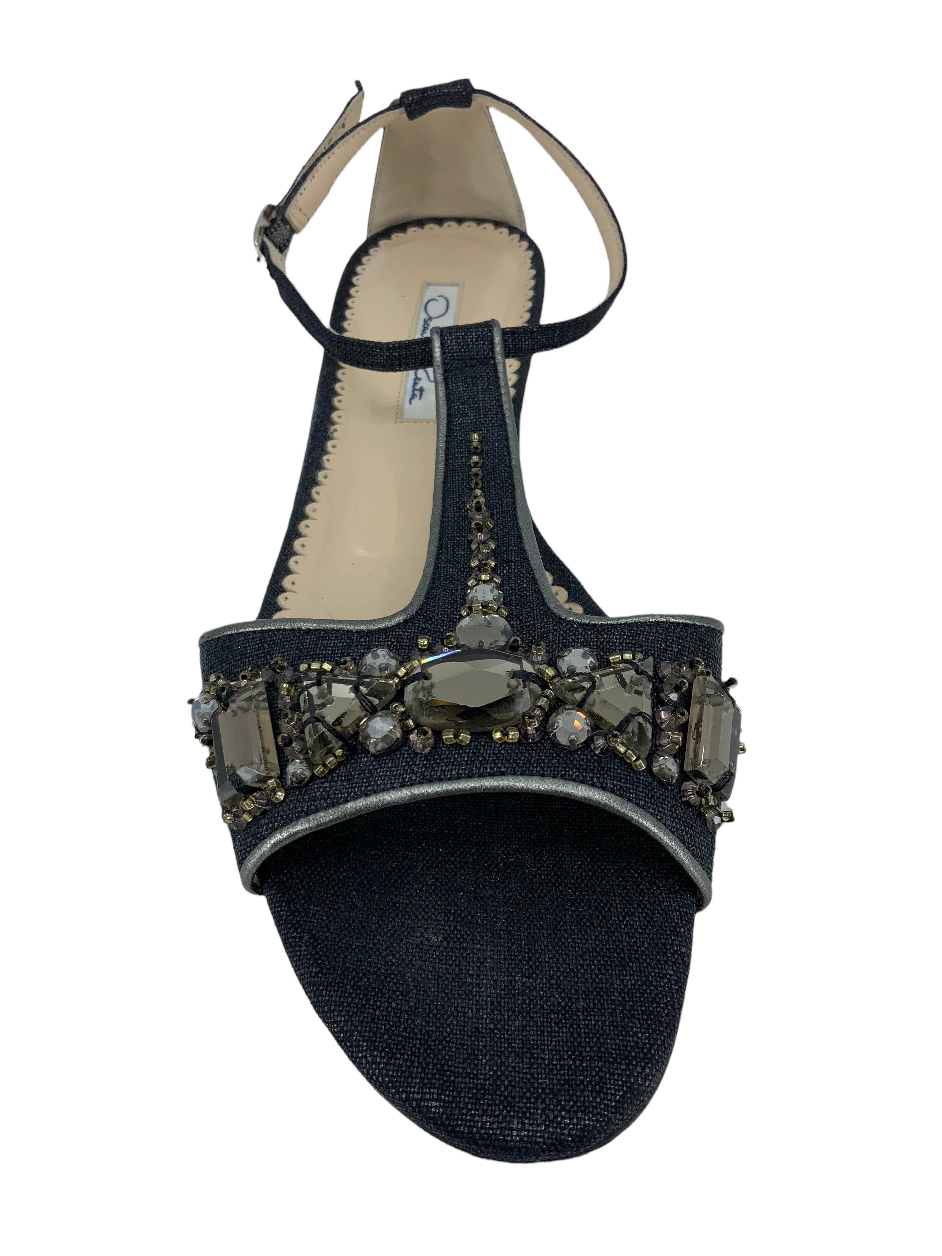 Oscar de la Renta Embellished T-Strap Flat Sandals for Women | Size 8 | Comfortable Summer Shoes for Beach, Wedding & Casual Outings