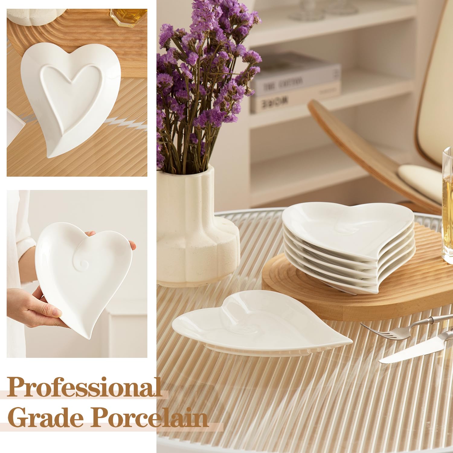10-Piece 7-Inch White Porcelain Heart-Shaped Appetizer Plates Set - Microwave & Dishwasher Safe Small Dessert Plates for Cake, Ice Cream, Waffles - Perfect for Valentine's Day, Bridal Showers & Romantic Dinners
