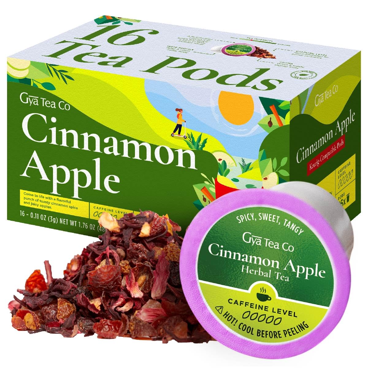 Gya Tea Co Cinnamon Apple Herbal Tea Pods (16 Count) - Decaffeinated Apple Cider Tea for Soothing & Digestive Health - Sweet Hot Tea for Warmth in Winter - Perfect for Relaxation, Cold Weather & Holiday Gatherings