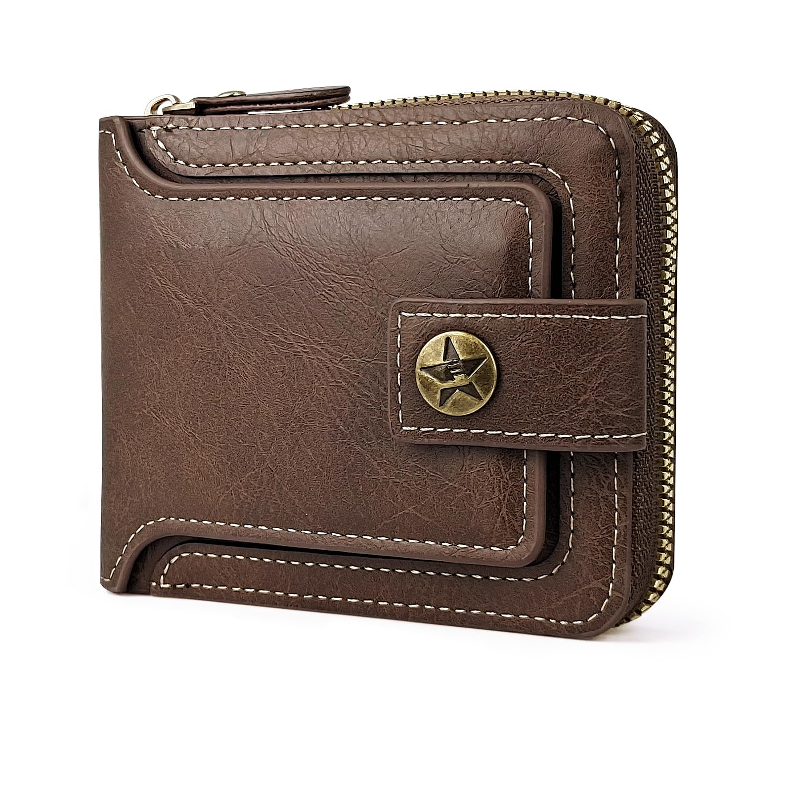 Vintage PU Leather Men's Wallet with 10 Card Slots & Zipper Pocket - Large Capacity RFID Blocking Credit Card Holder for Travel, Business & Everyday Use (Brown)