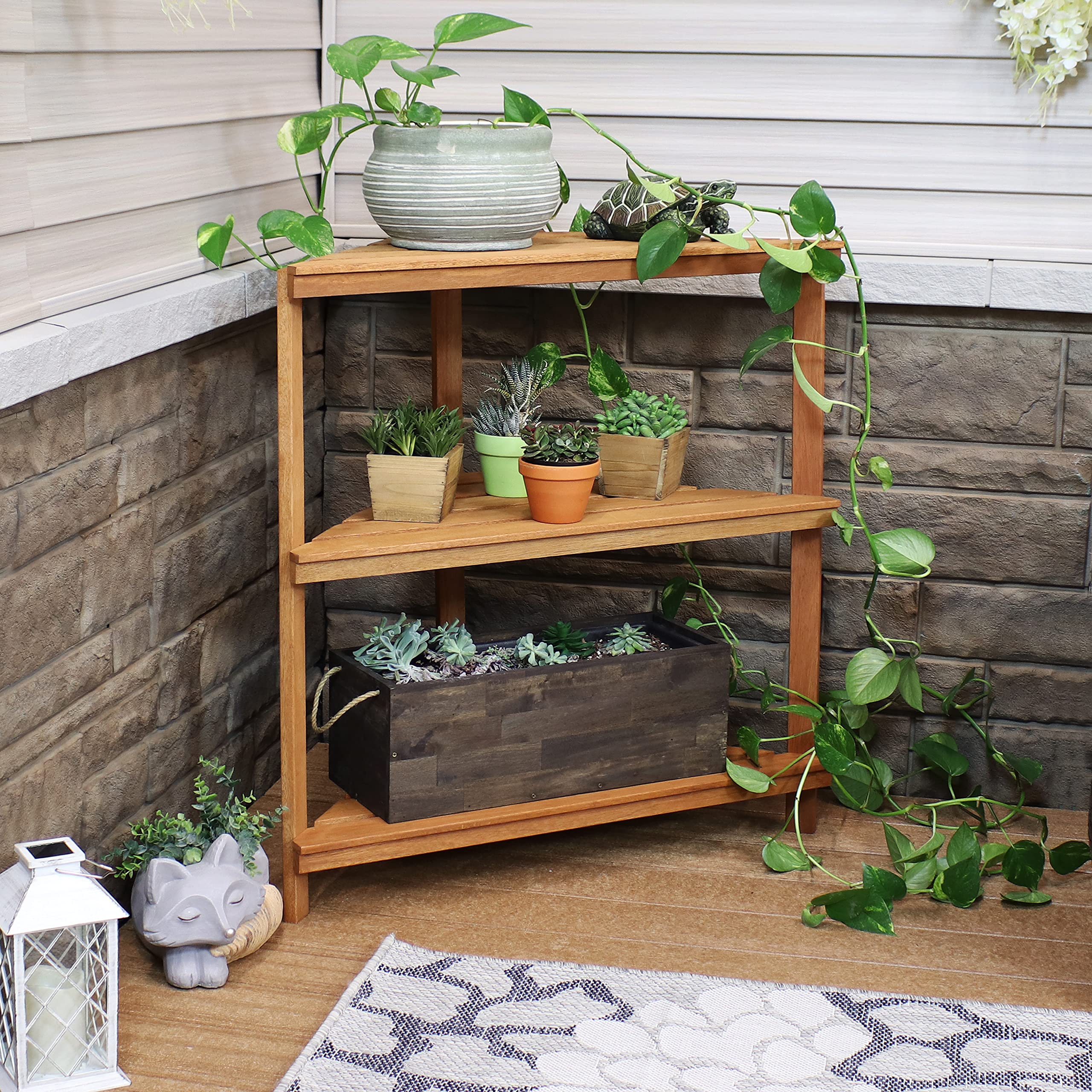 Premium Sunnydaze Meranti Wood 3-Tier Corner Plant Stand with Teak Oil Finish - Indoor/Outdoor Wooden Shelves for Potted Plants - 36-Inch Tall Planter Display for Patio, Garden, Living Room & Balcony Decor